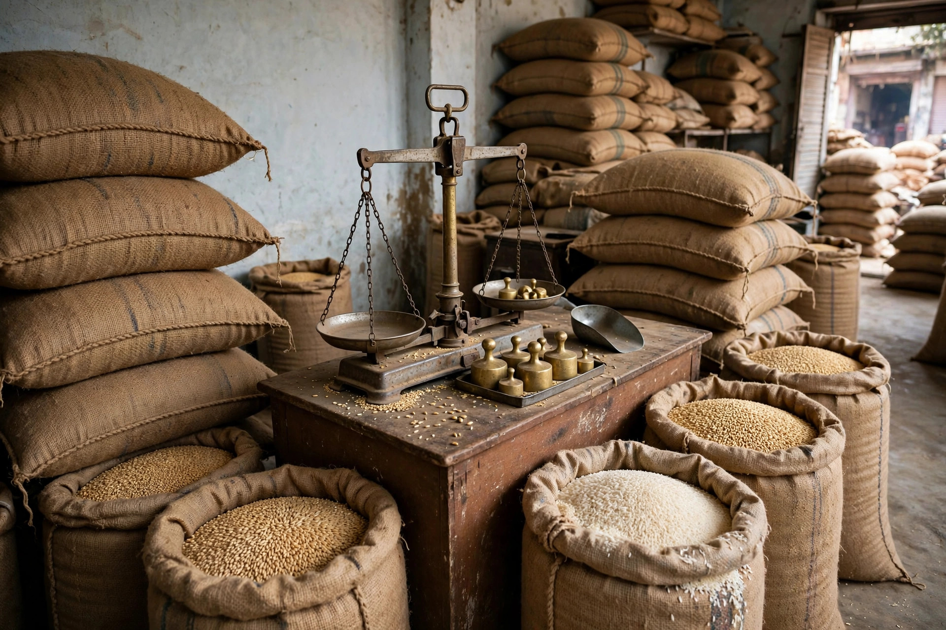 Subsidised food grain being weighed at a fair price shop in India