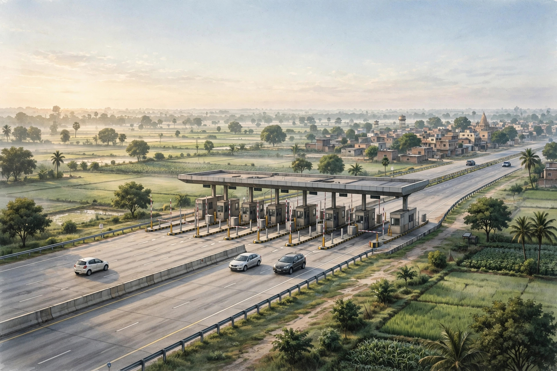 Editorial illustration of a national highway toll plaza with cars passing through toll lanes beside green fields and a small town