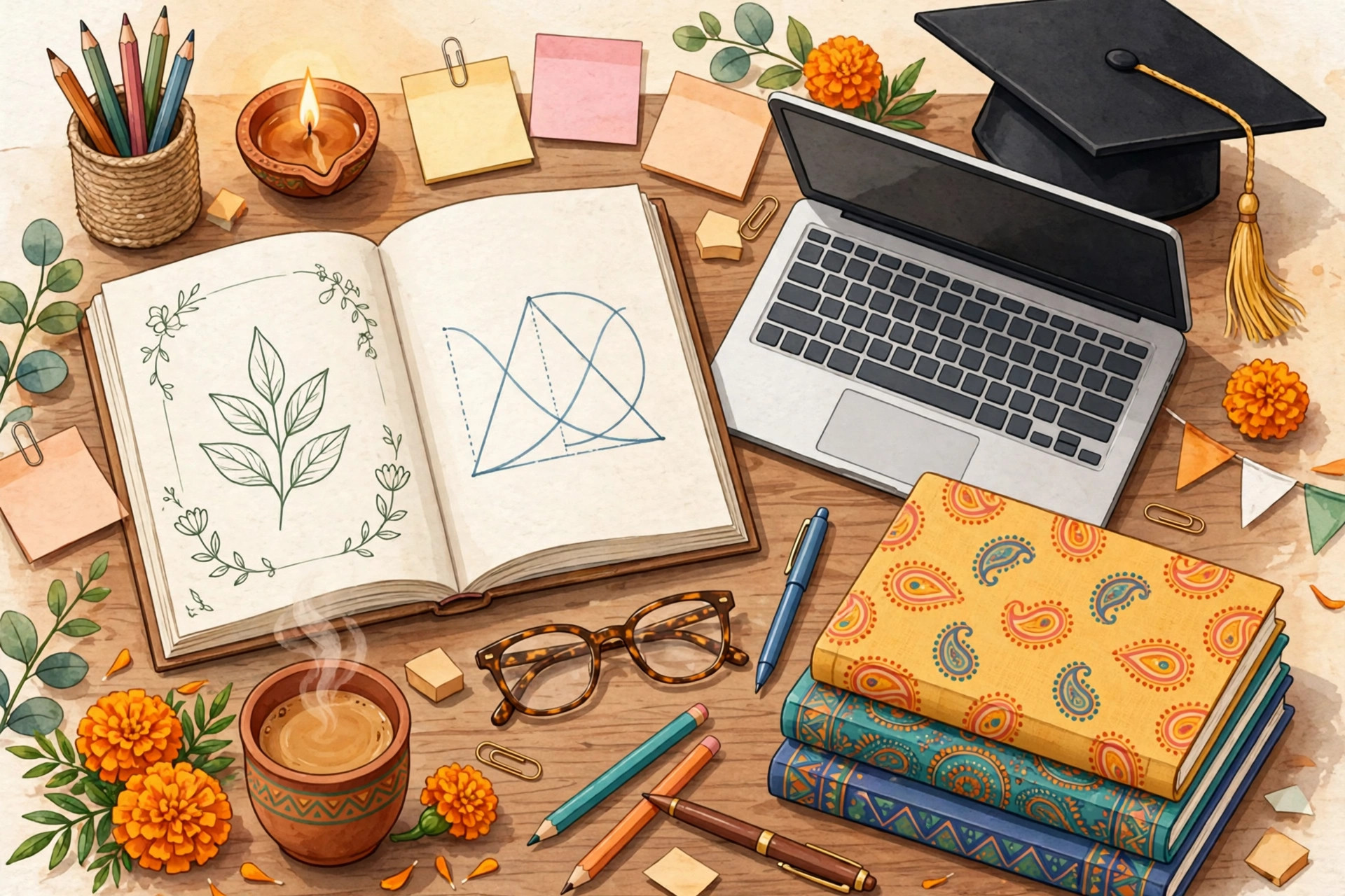 Illustration of students with books and a laptop beside a graduation cap