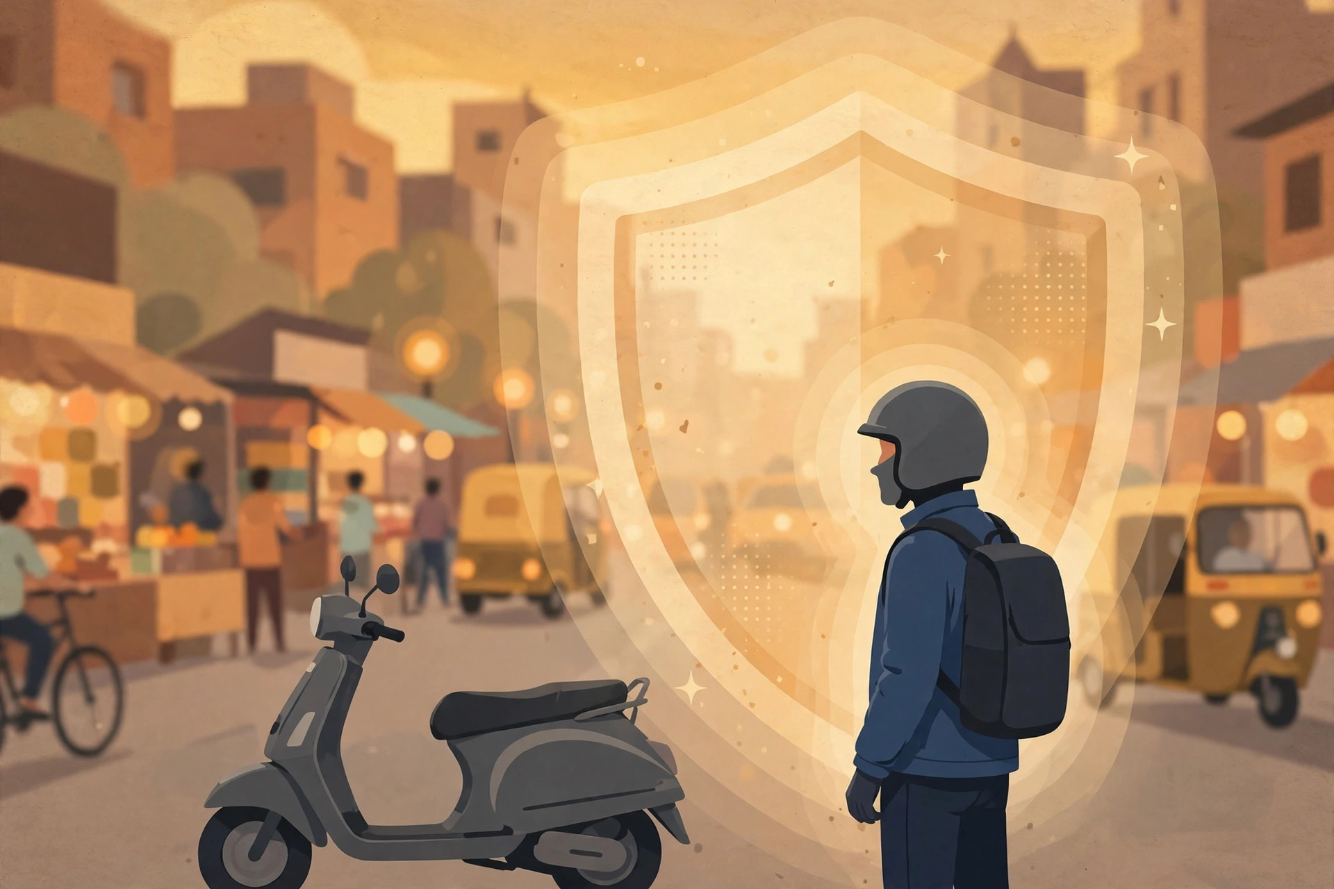 Editorial illustration of a delivery rider beside a scooter in a city street at dusk, with a glowing shield behind him symbolising social security for gig workers