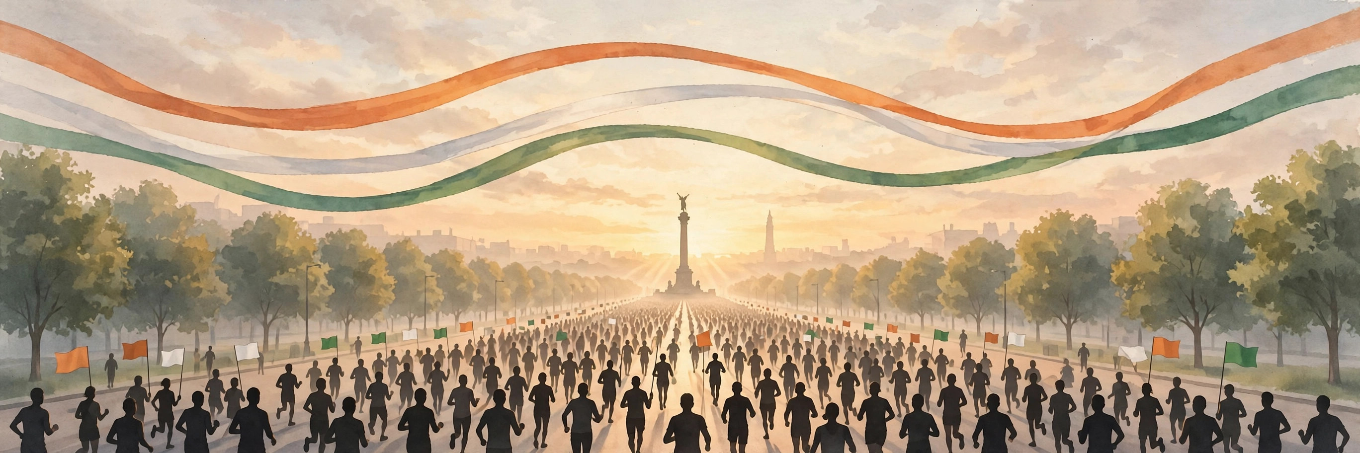 Editorial illustration of runners on a broad avenue at dawn under saffron, white and green ribbons for National Unity Day