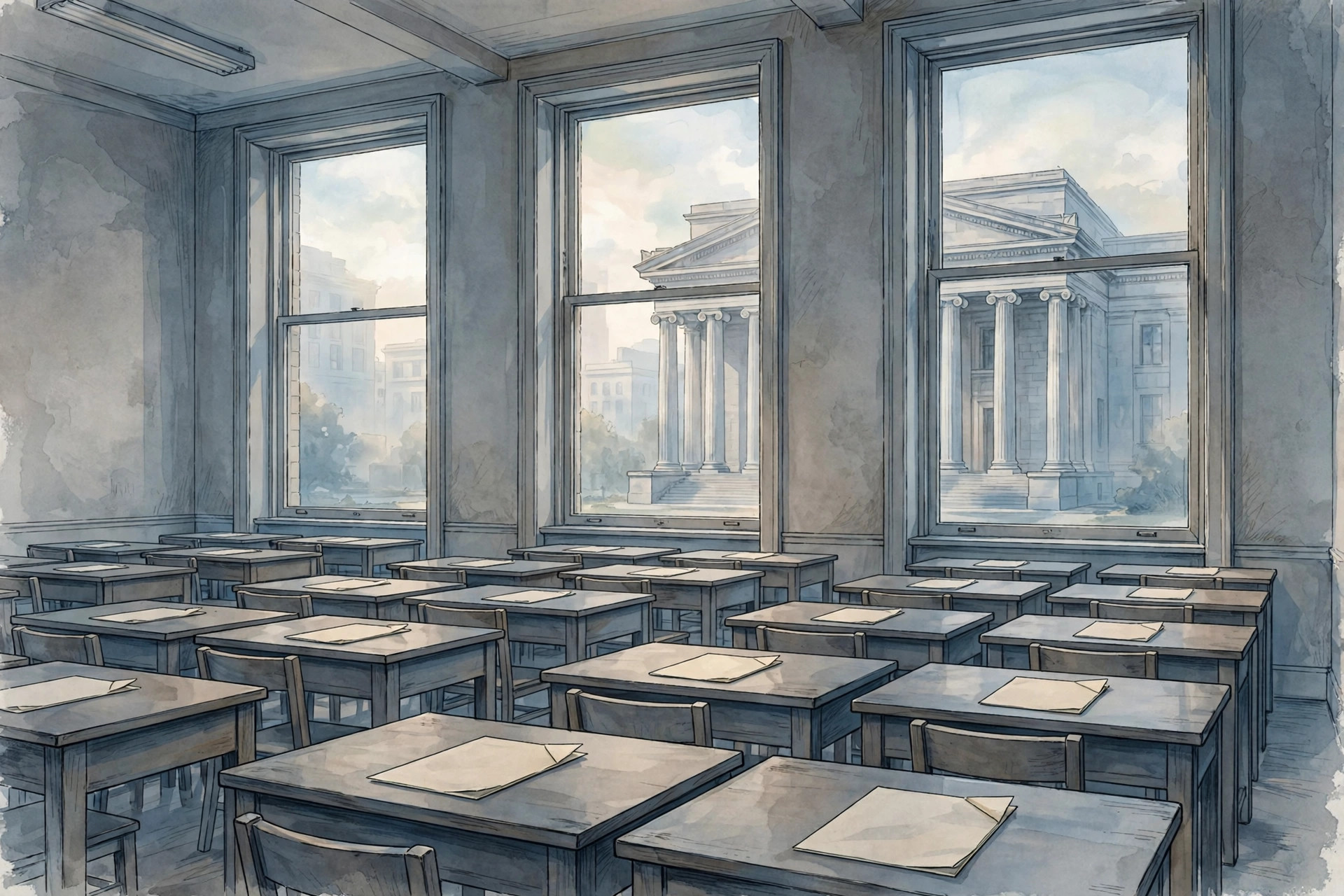 Editorial illustration of an empty examination hall with a courthouse visible through the windows, symbolising the NEET-UG paper leak court case