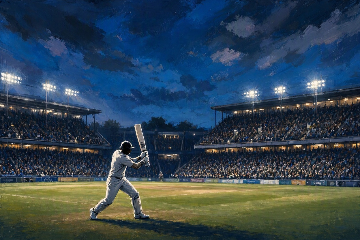Editorial illustration of a generic cricketer batting under floodlights in a packed stadium at night, symbolising New Zealand's record 259 for 7 against India at Eden Park