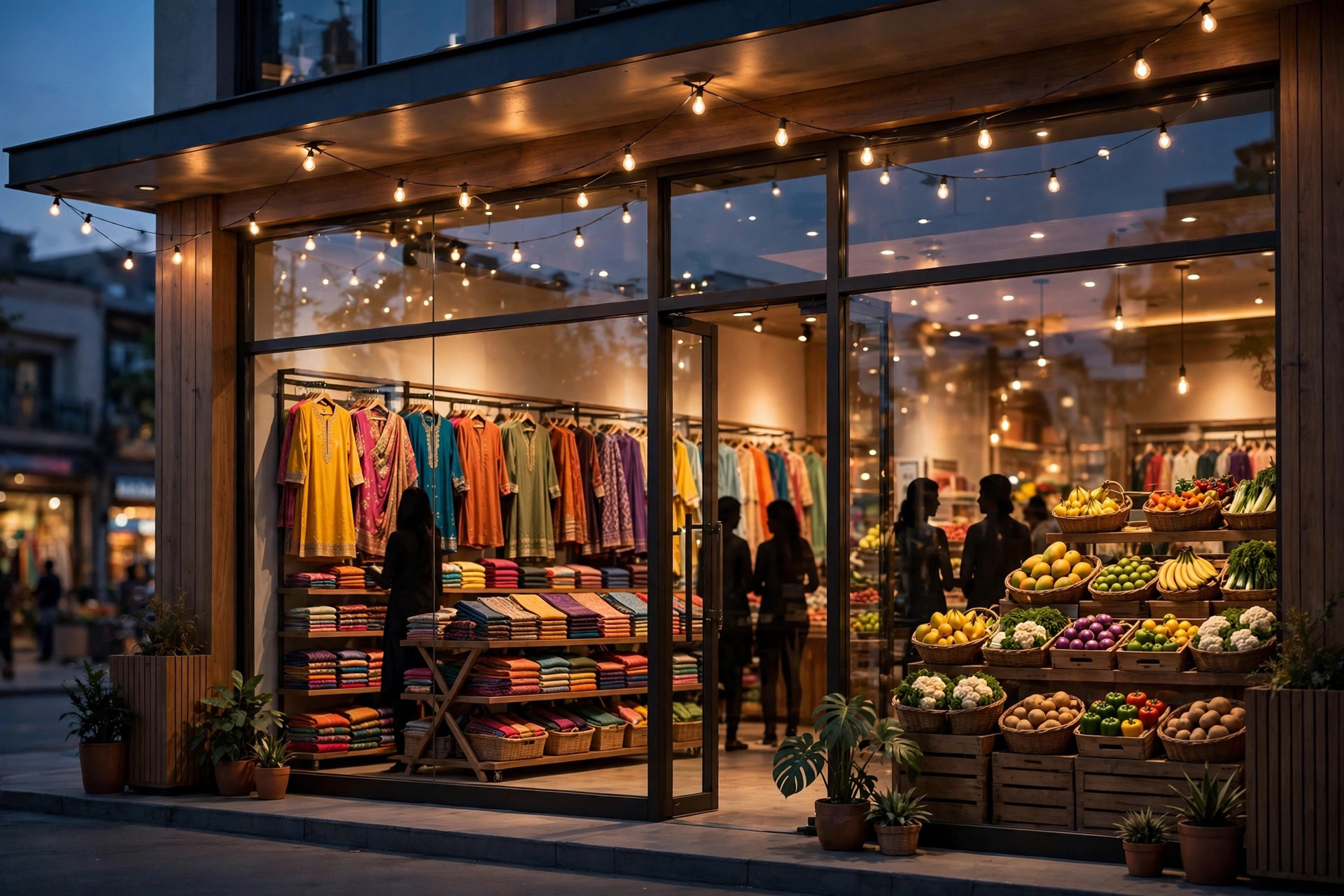 Editorial illustration of a modern Indian retail storefront at dusk with clothing and fresh produce displays