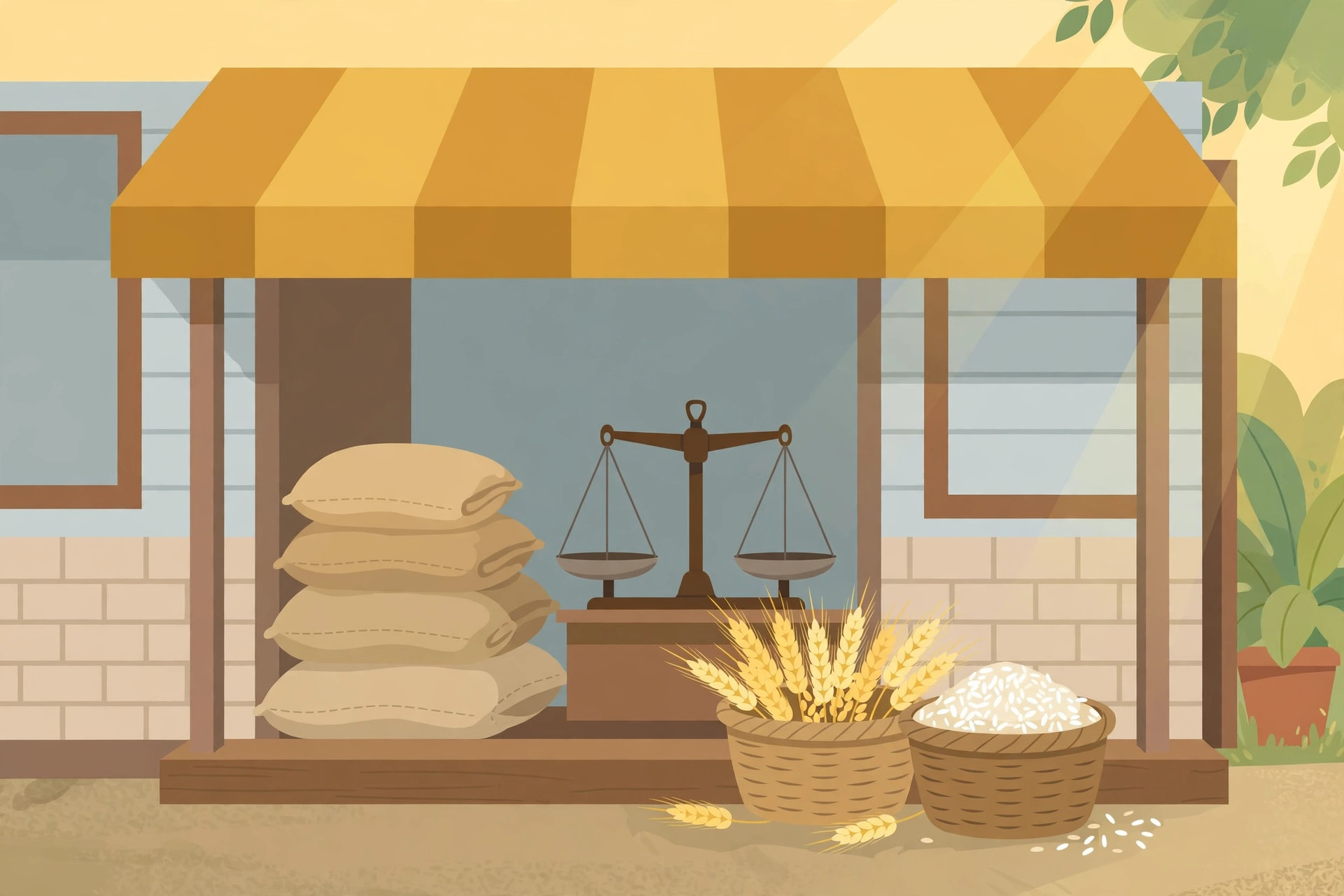 Illustration of a ration shop with sacks of grain and a family collecting supplies