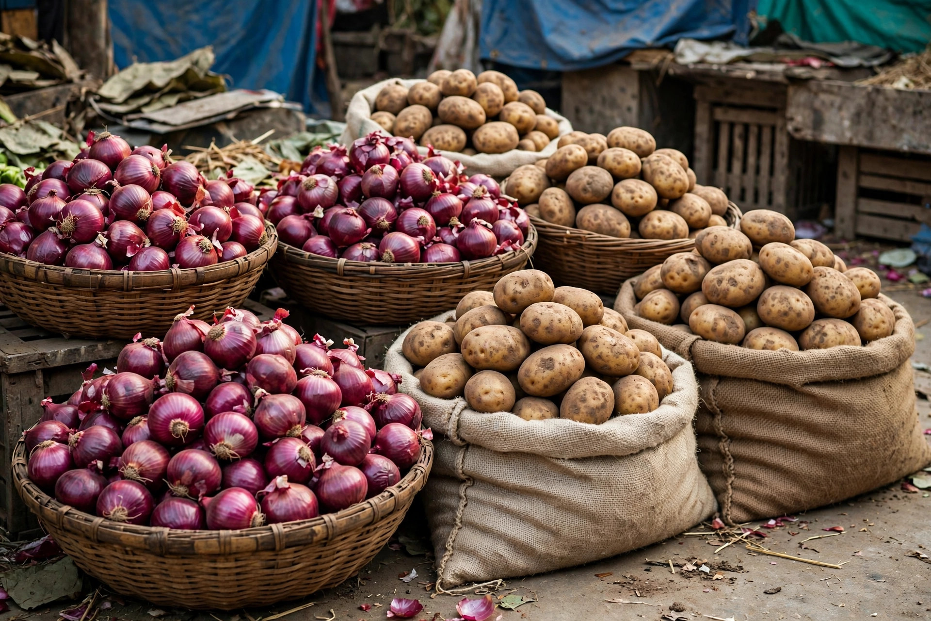 Fresh onions and potatoes piled at a vegetable mandi with crates and sacks