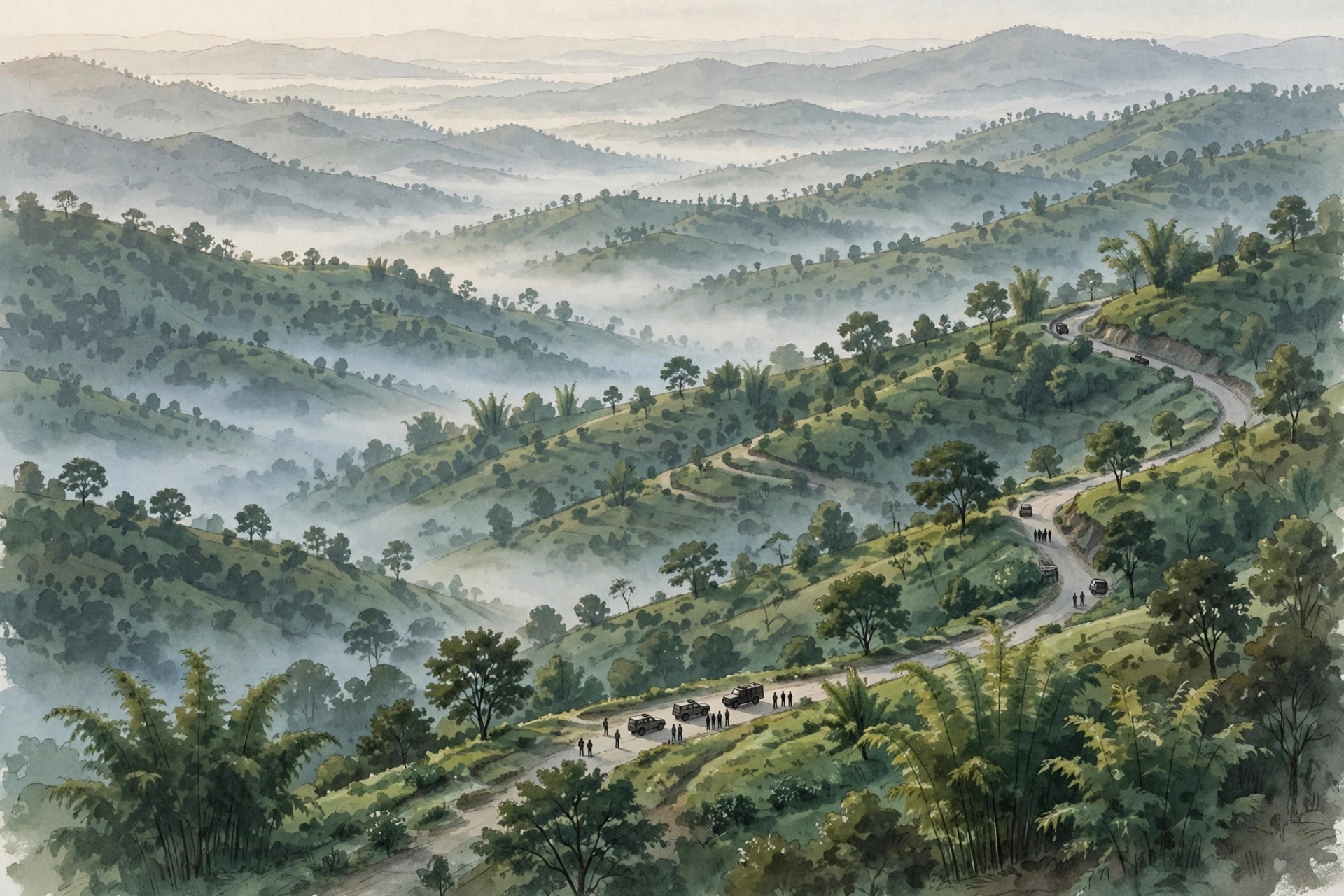 Editorial illustration of vehicles and small distant figures on a winding road through misty green hills in northeast India