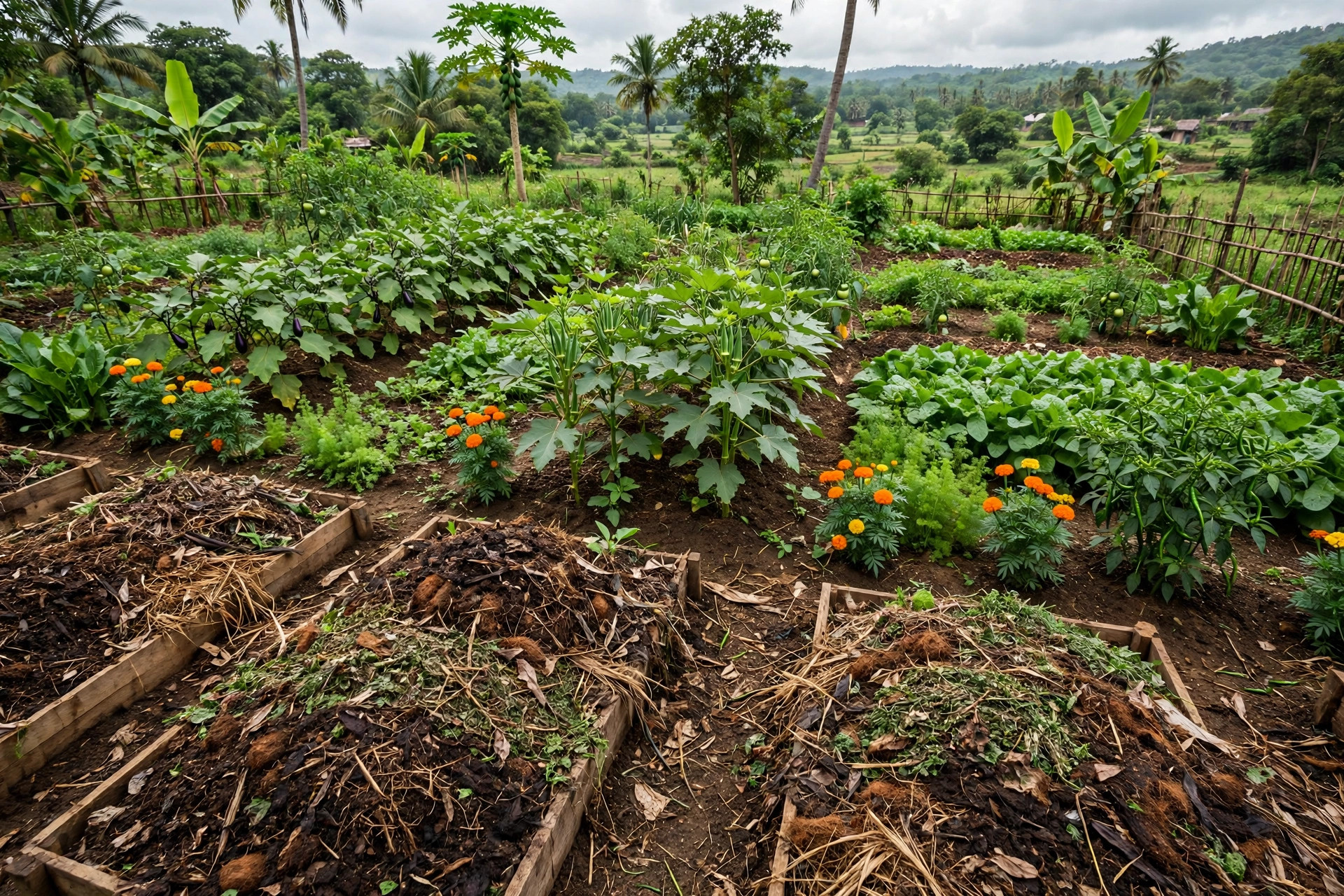 A green organic farm field with compost and diverse crops, no people in view