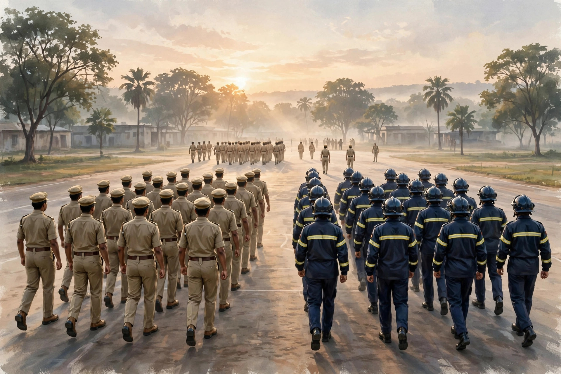 Editorial illustration of police constable and firefighter trainees marching on a parade ground at dawn, seen from behind