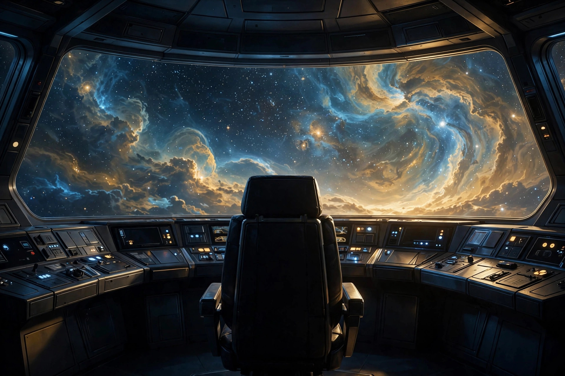 Editorial illustration of an empty starship bridge with a captain's chair silhouetted against a starfield, symbolising the passing of a legendary science-fiction actor
