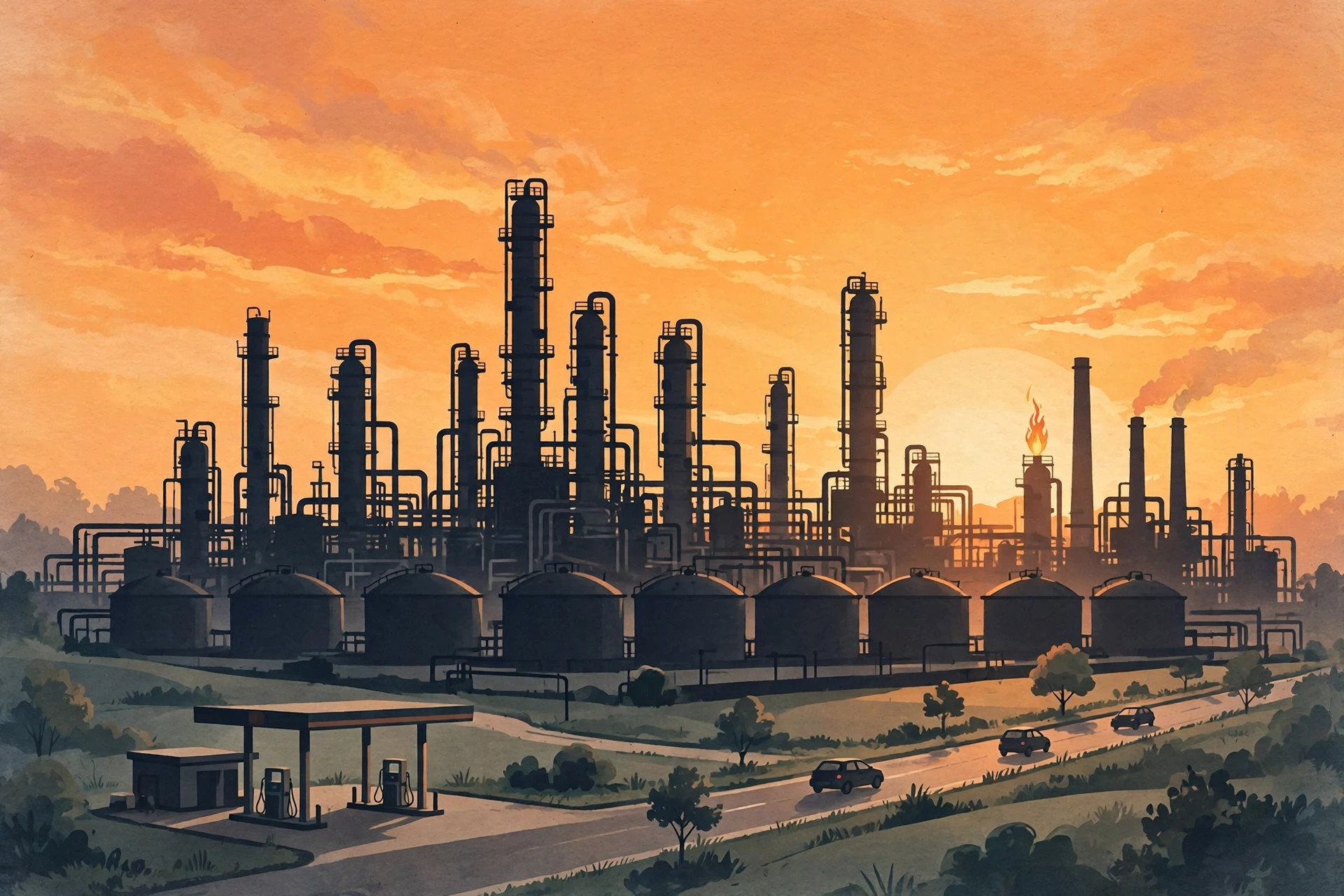 Editorial illustration of an oil refinery at dusk with fuel storage tanks and a fuel station