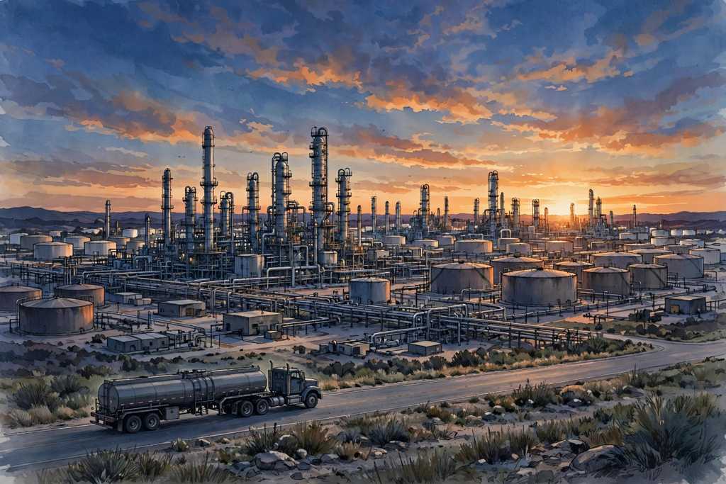 Editorial illustration of an oil refinery at dusk with storage tanks and a road tanker, symbolising revised petroleum export duties
