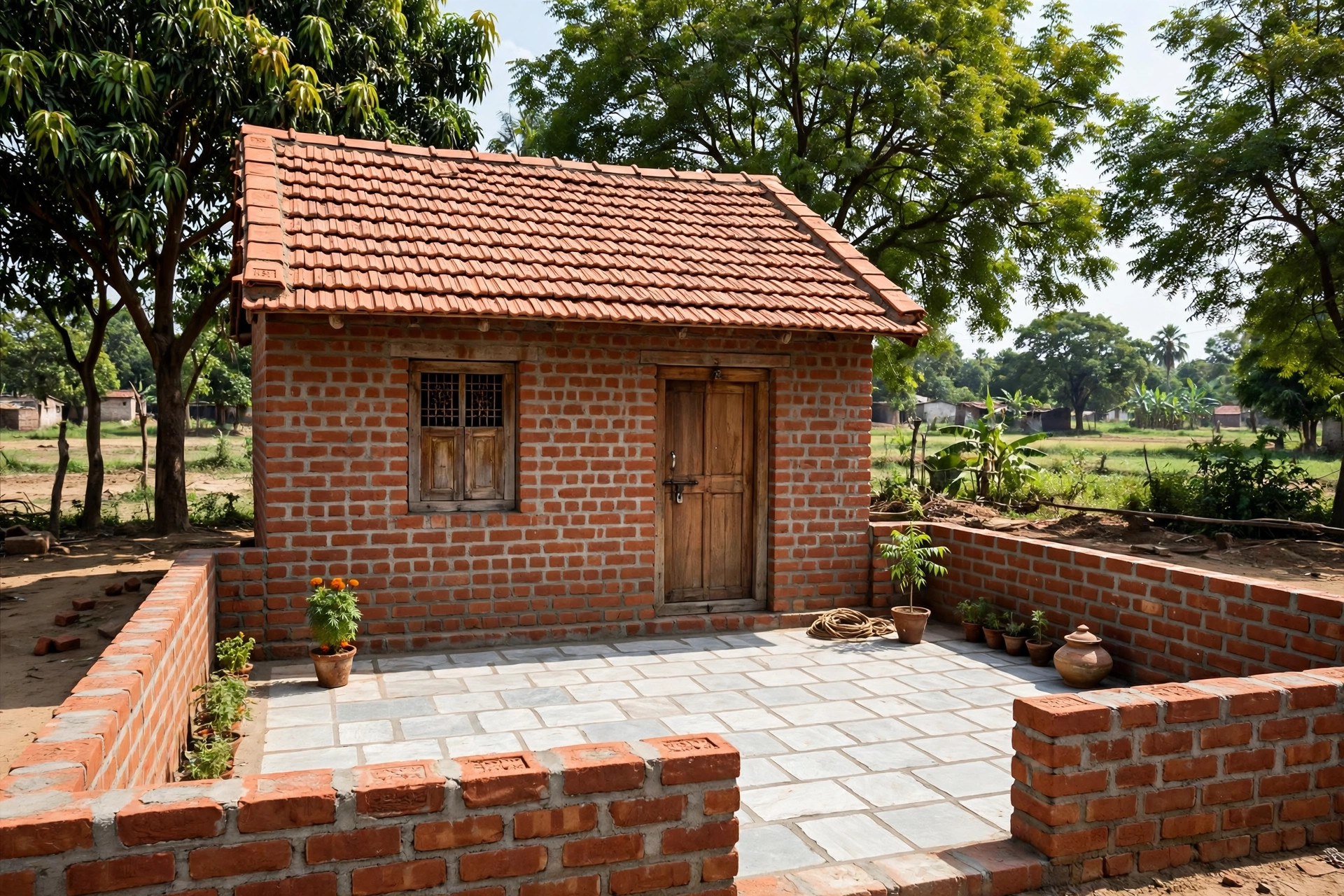 A newly built small rural brick house with a tiled roof and a courtyard in a village setting, no people or text.