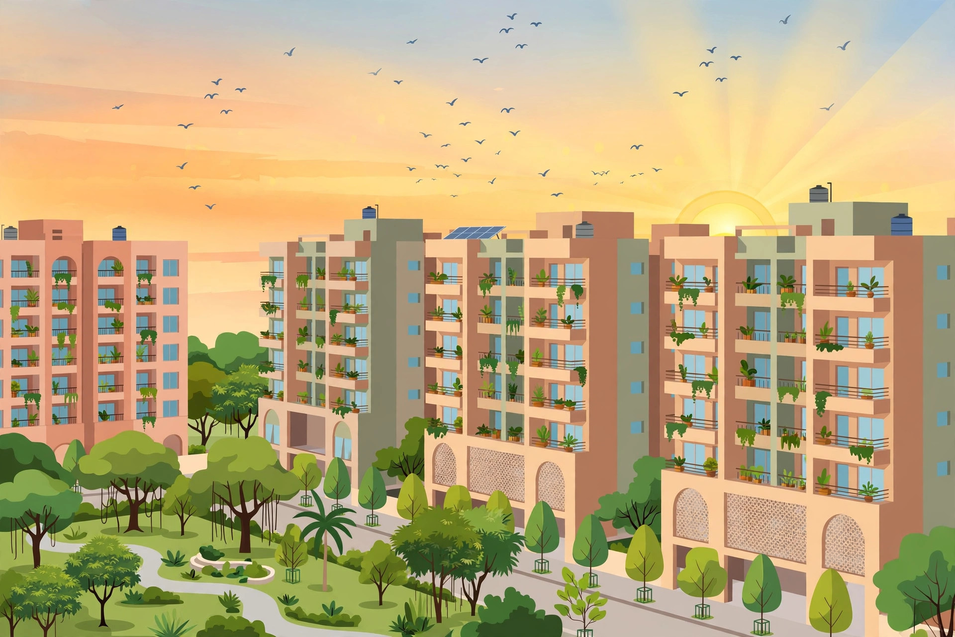 Illustration of new apartment blocks in an Indian city at sunrise