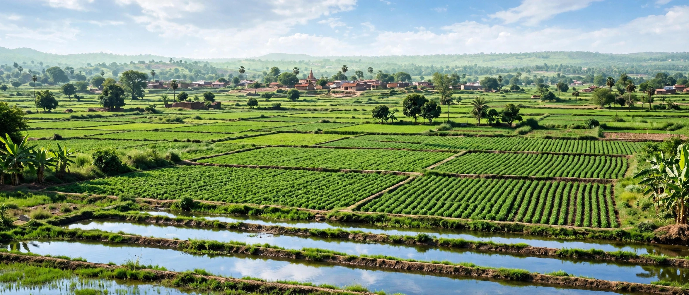Green Indian farm landscape with irrigation channels and a village in the distance