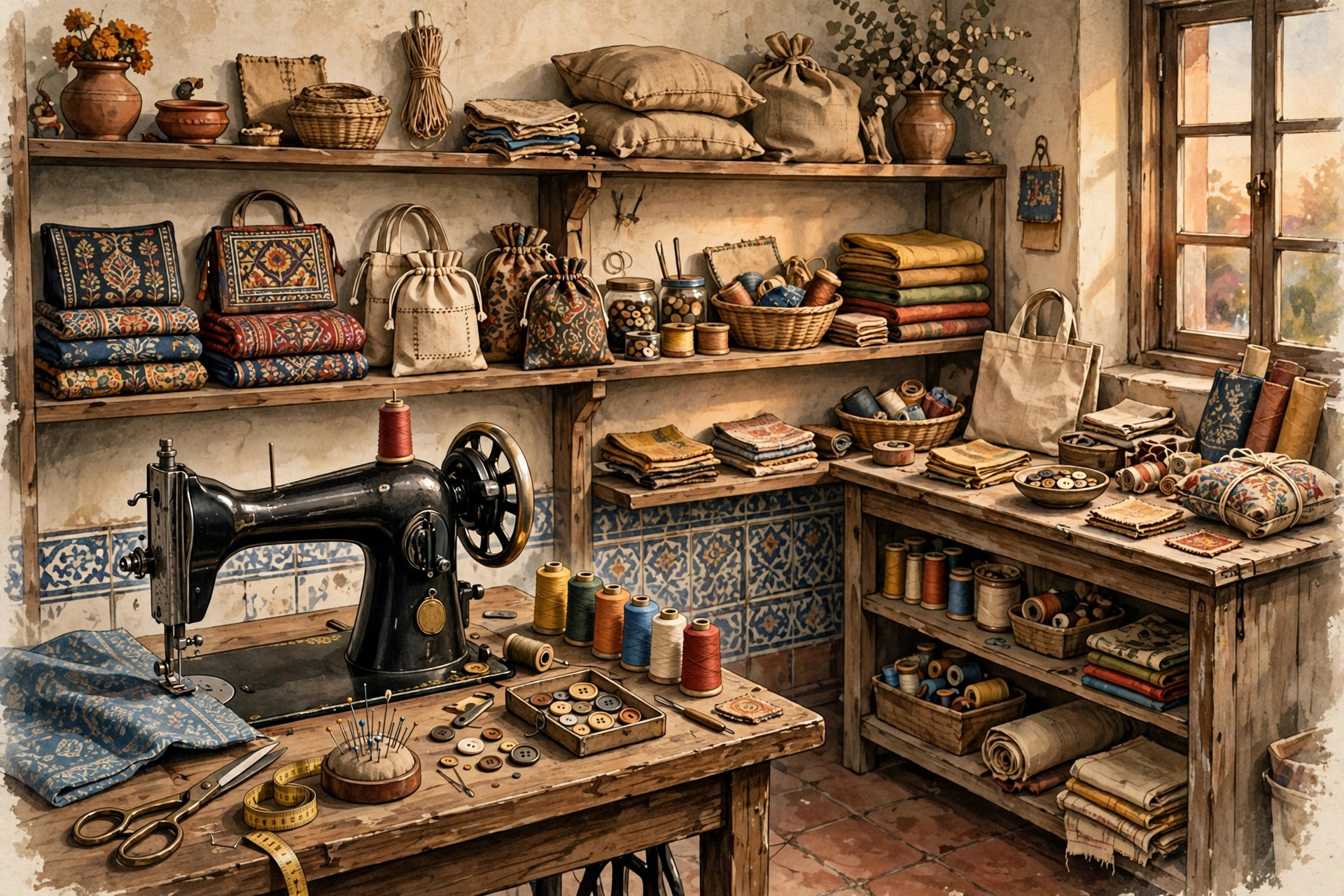 Illustration of a small workshop with tools, products and a shopkeeper at work