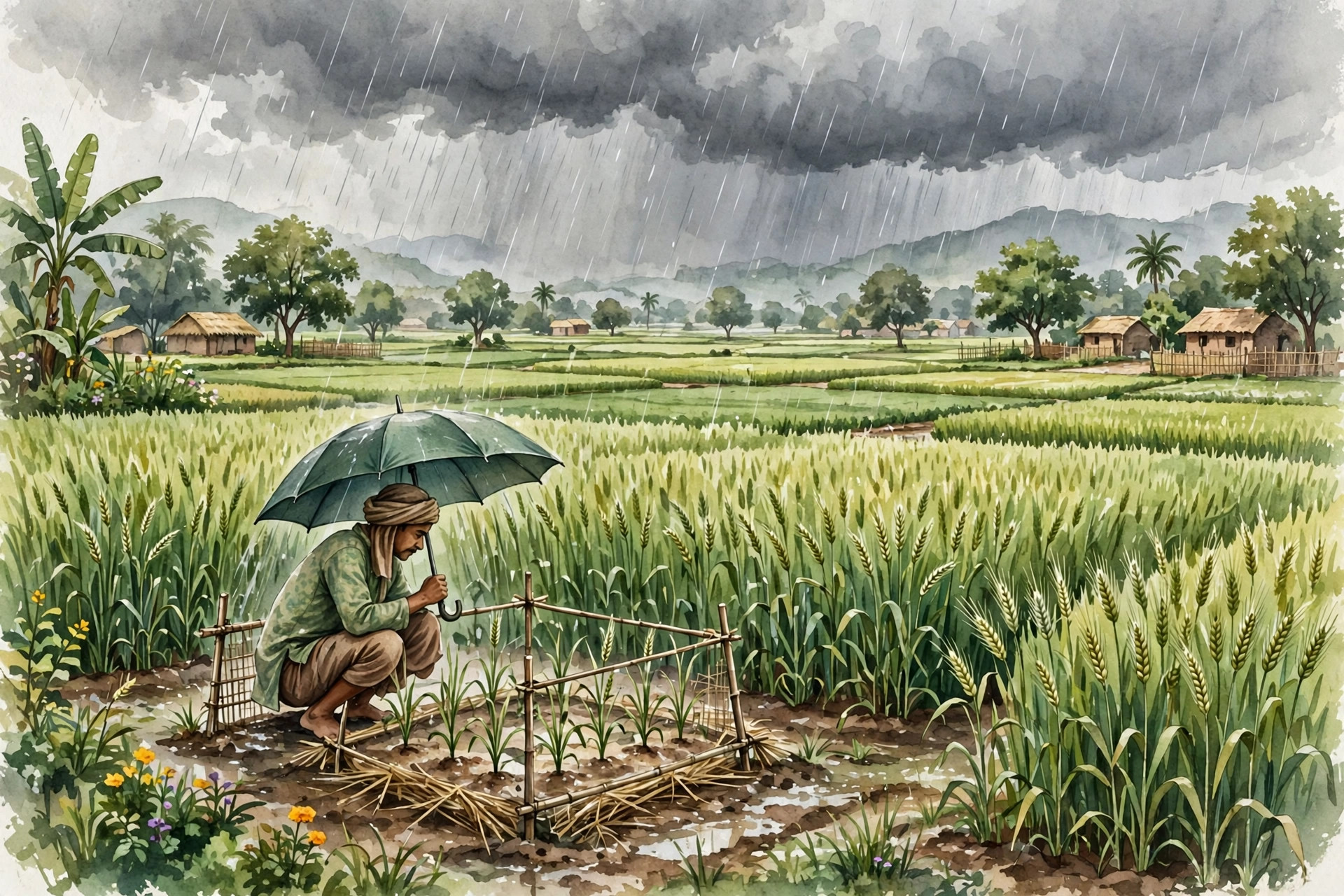 A green farm field with wheat crops under monsoon clouds