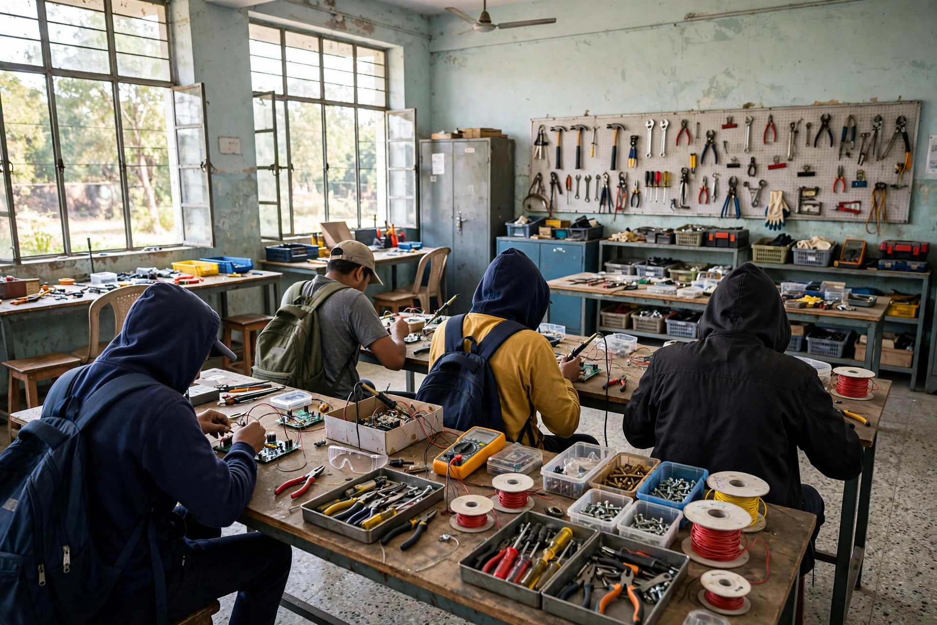 Young trainees learning a practical trade in a workshop classroom