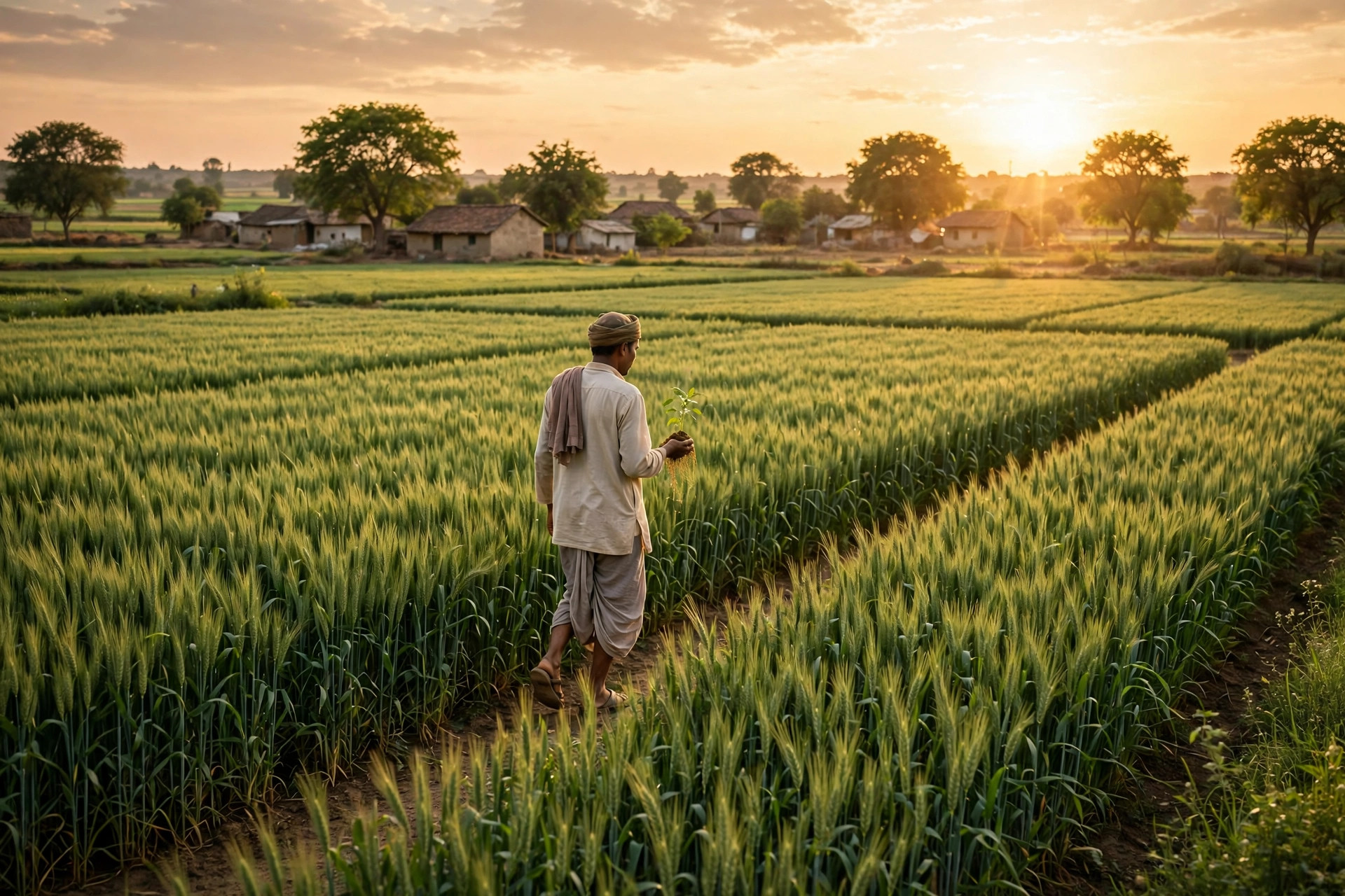 Editorial illustration of a farmer carrying a seedling through a green wheat field at golden hour, with a village in the background