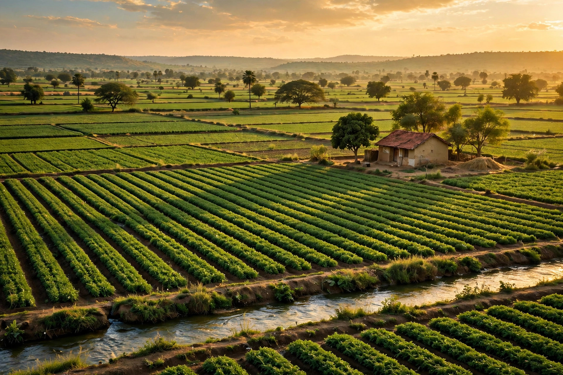 Green farmland with a small farmhouse and irrigation channel under a wide sky, no people or text.