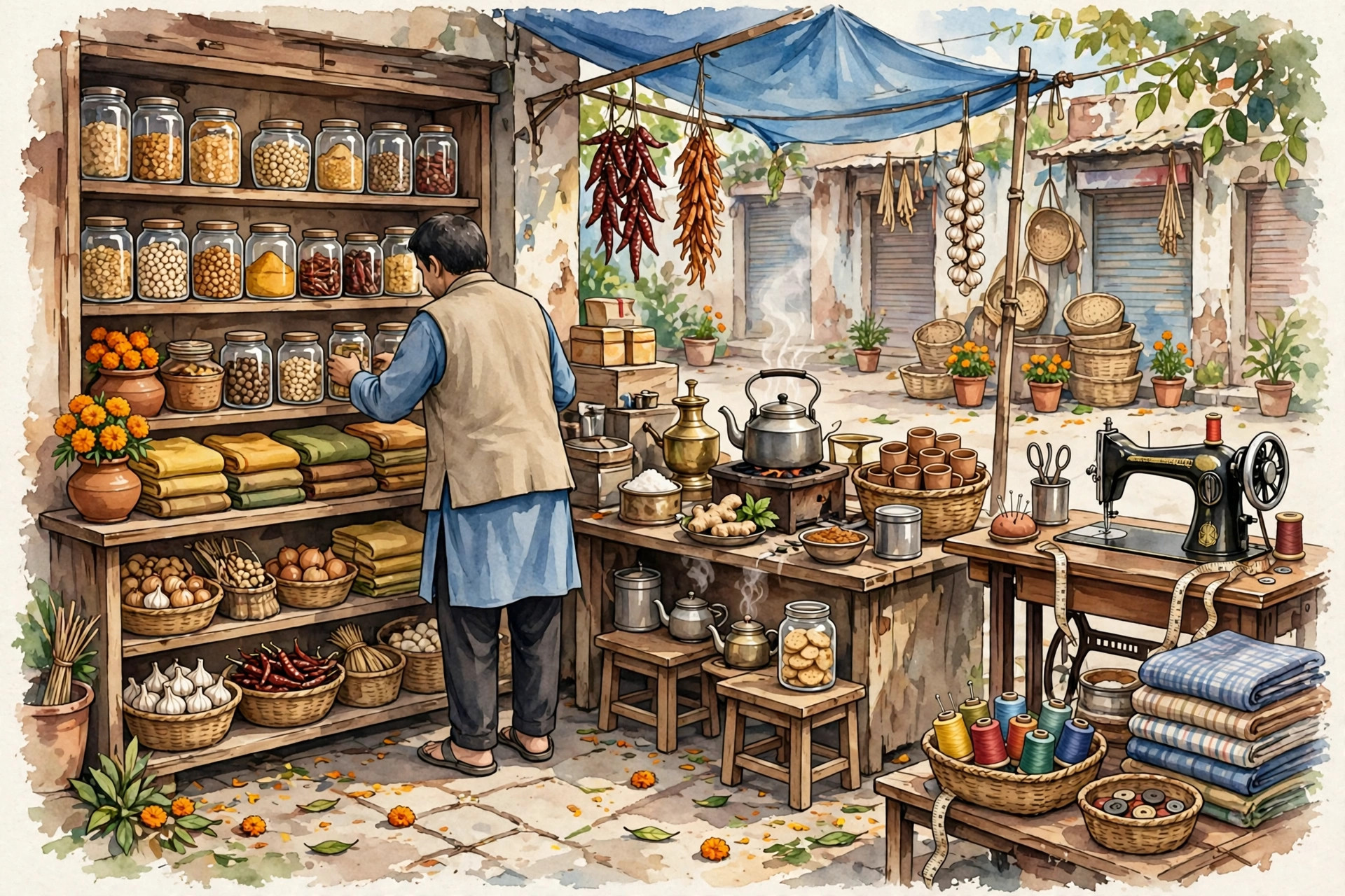 A small Indian shop with a shopkeeper arranging goods for customers
