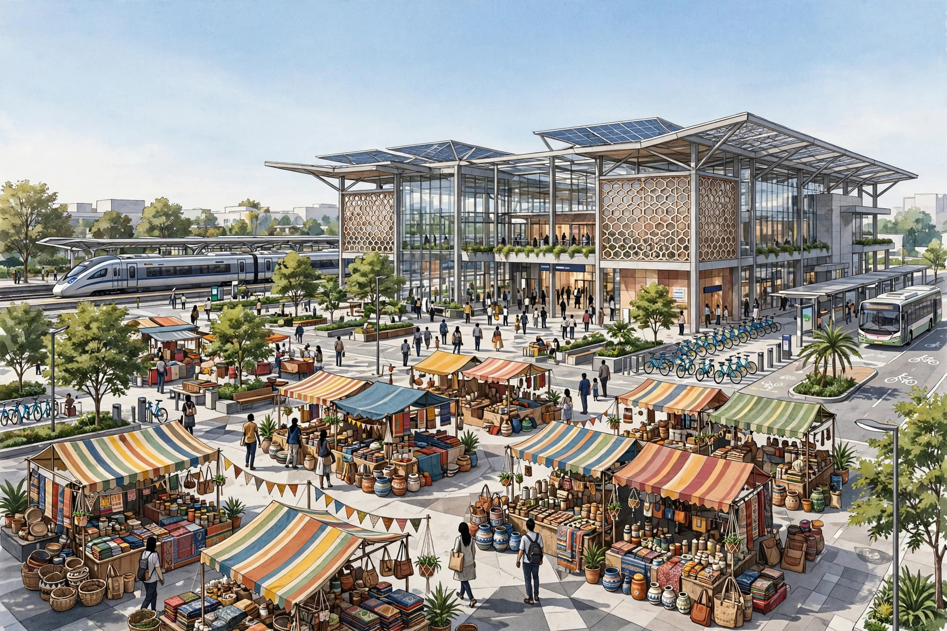 Editorial illustration of a modern Indian railway station plaza with artisan market stalls, a sleek train and a glass station building