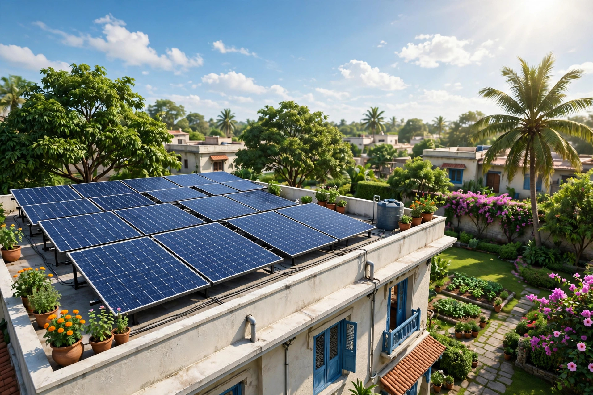 A house rooftop covered with solar panels under bright sunshine