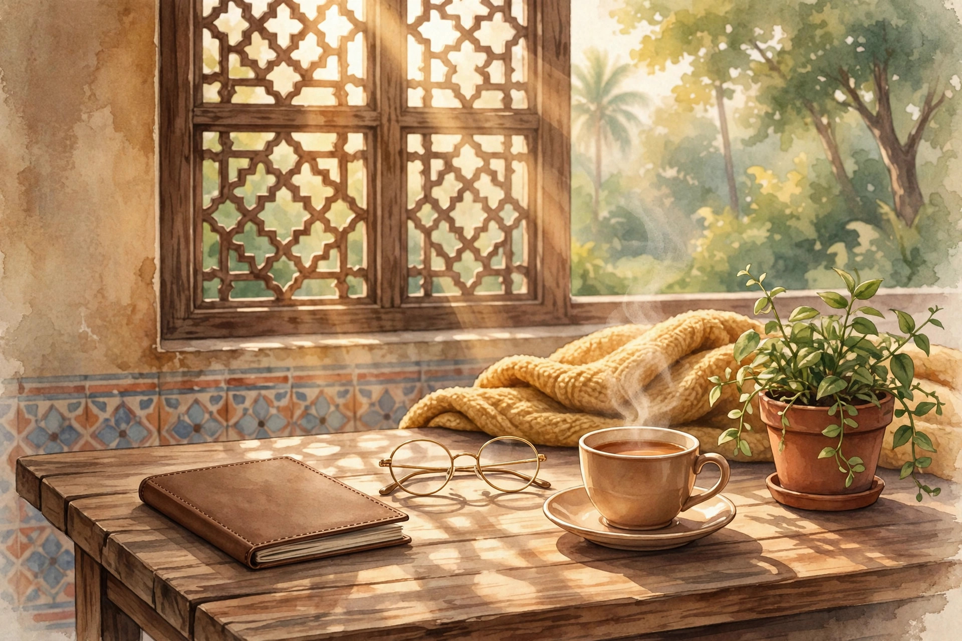 Illustration of a calm retirement home scene with a pension passbook and household planning