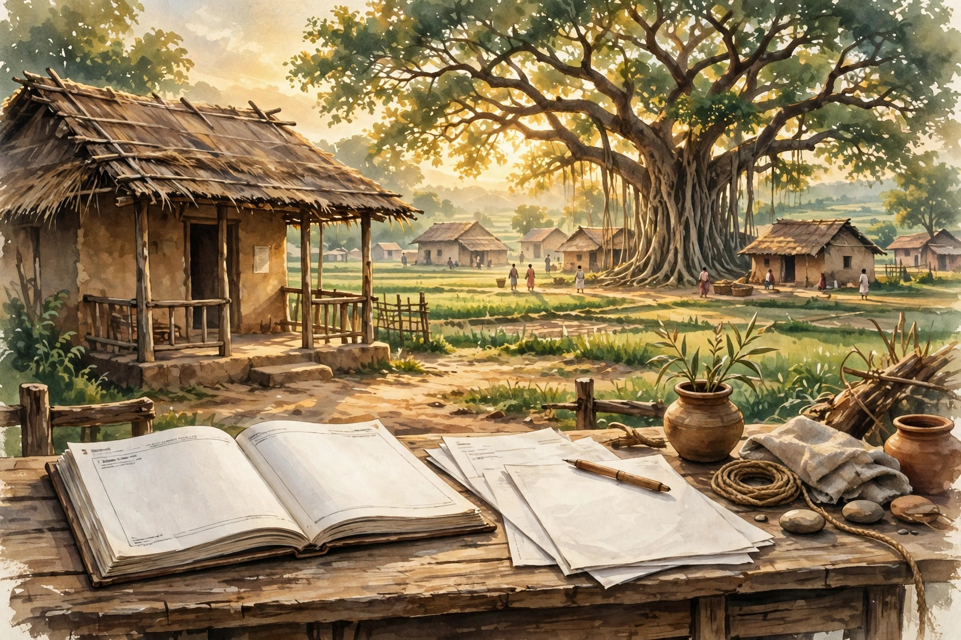 Editorial illustration of village planning papers before a panchayat building and banyan tree