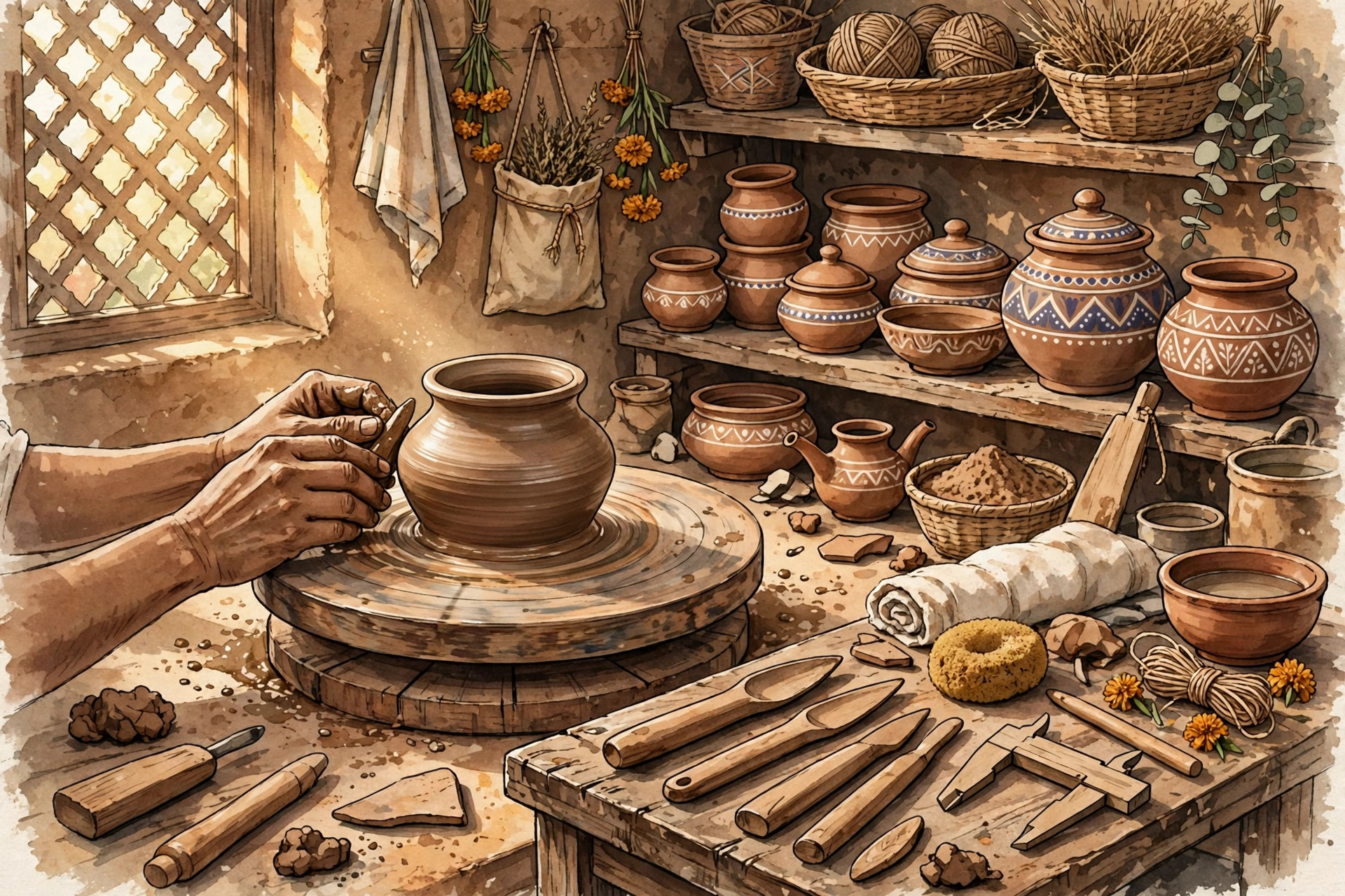 An artisan shaping pottery on a wheel in a traditional workshop