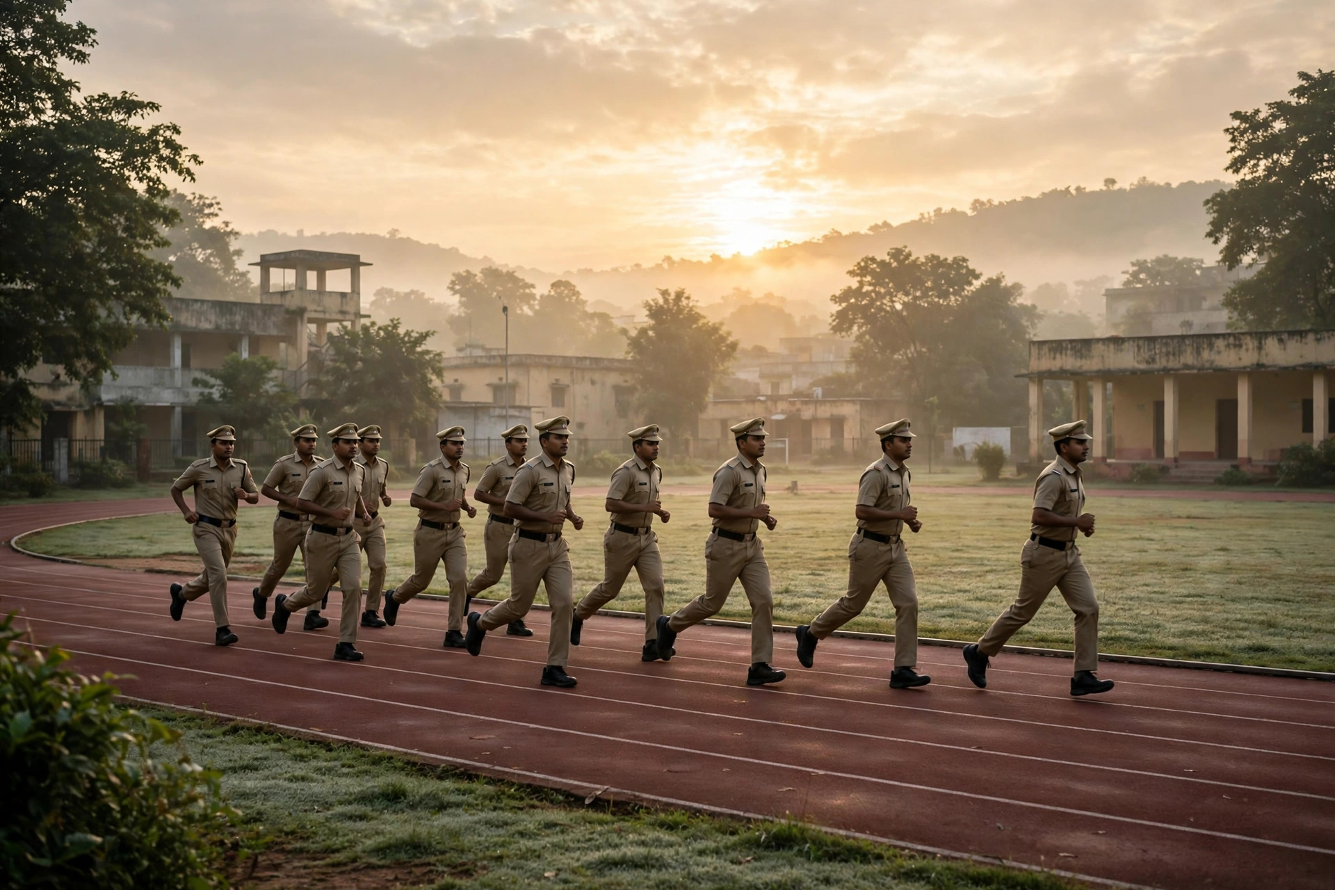Police recruits in uniform doing a running drill on a training track at sunrise