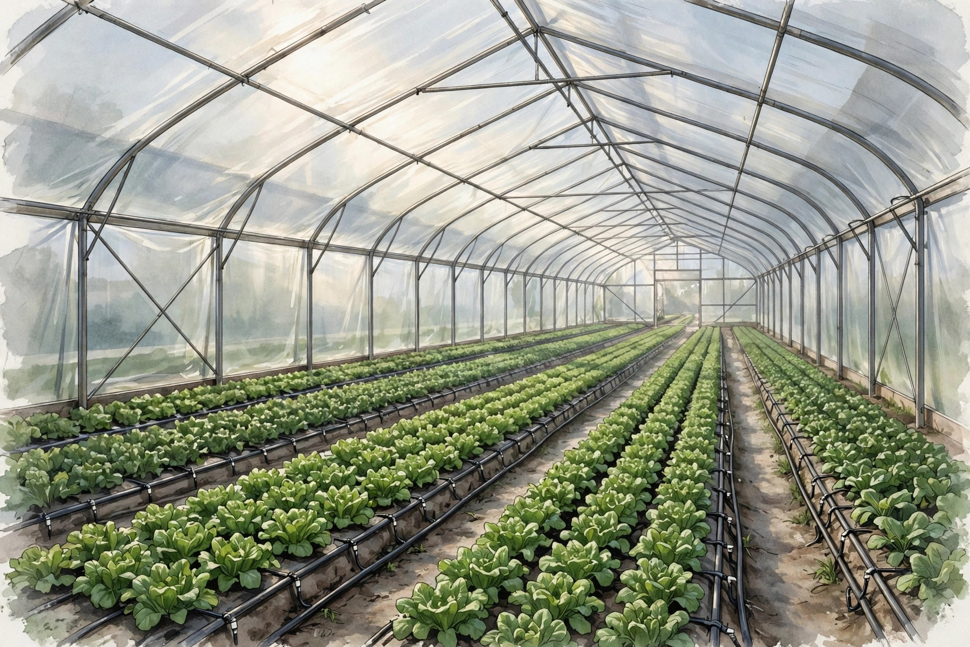 Rows of green vegetables growing inside a polyhouse