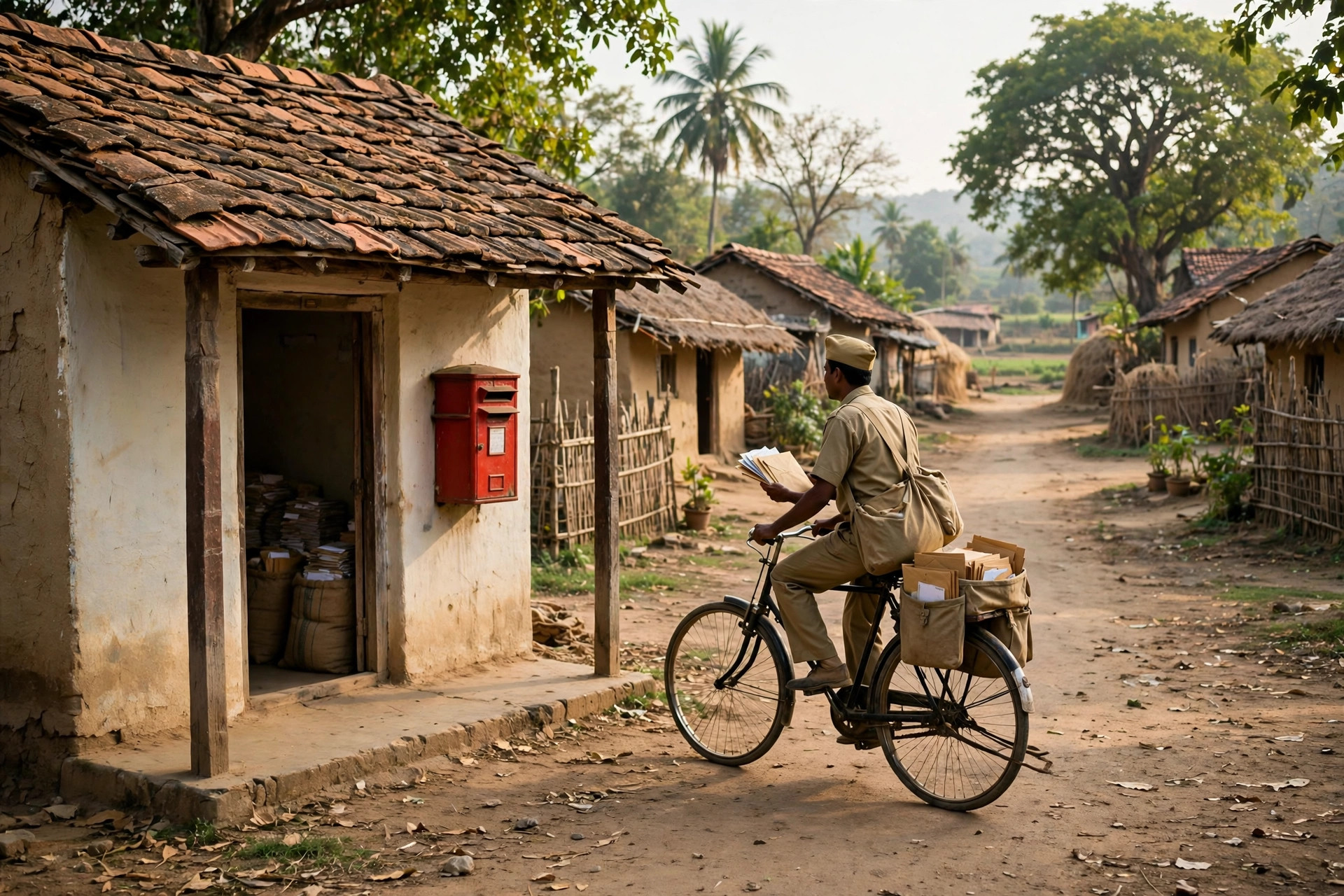 A postman delivering letters by bicycle near a small rural post office