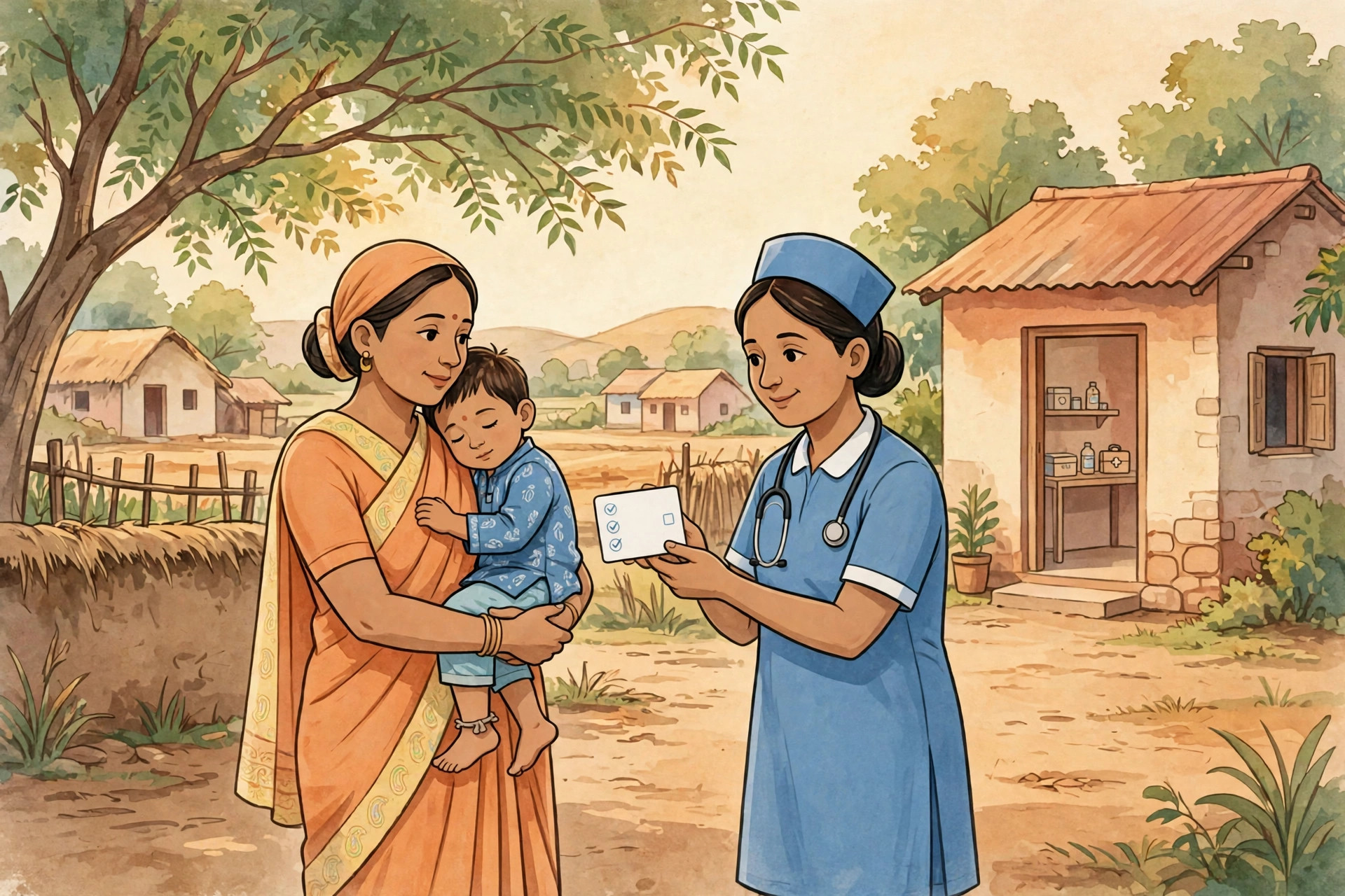 Illustration of a mother holding a young child beside a health centre with a tree