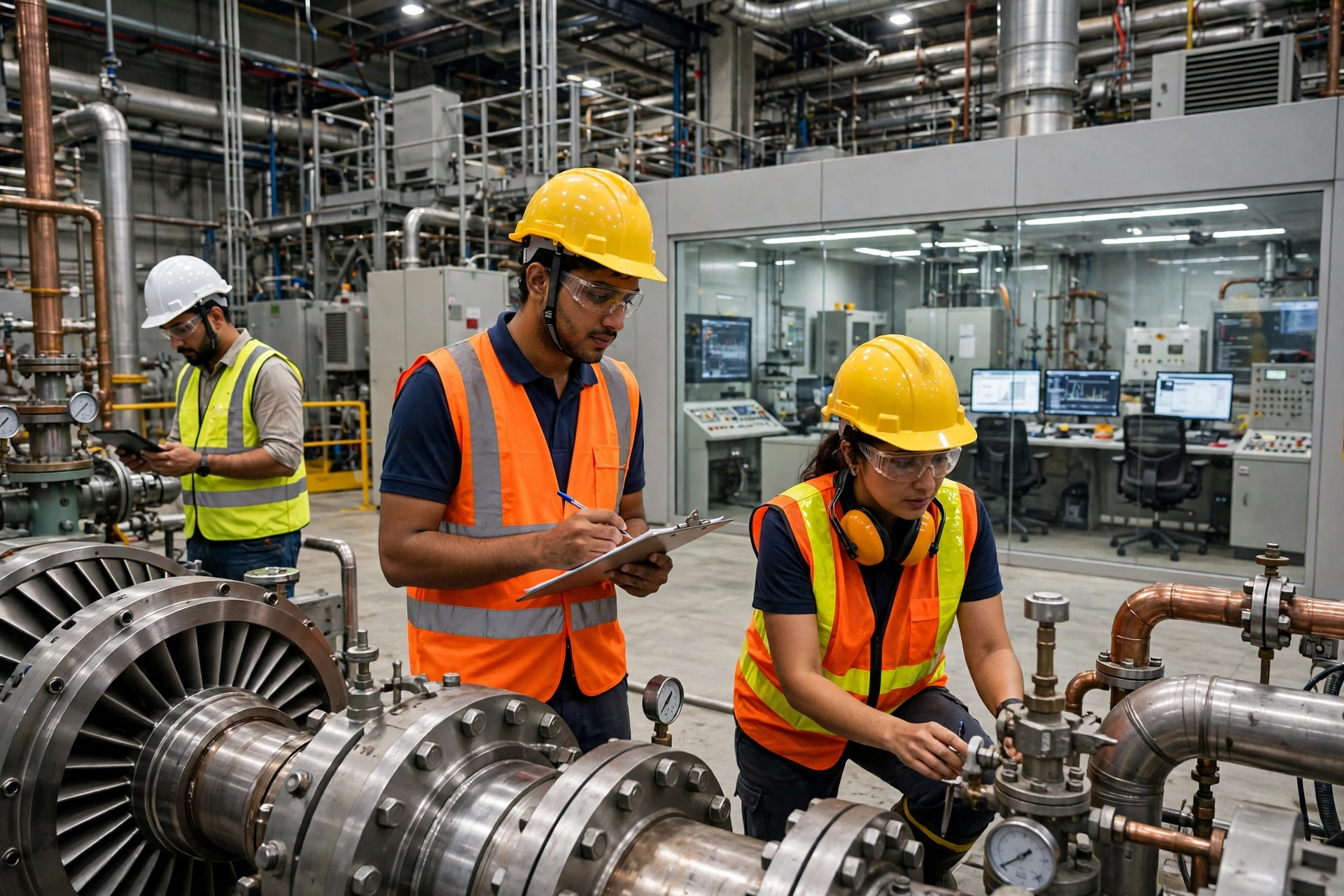 Engineers in helmets inspecting machinery inside a large industrial plant