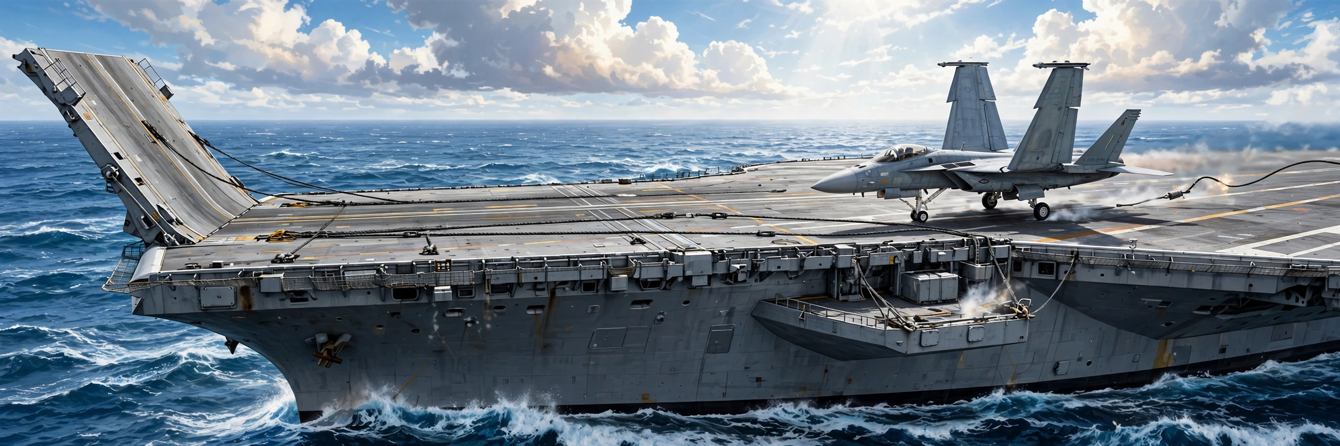Editorial illustration of a naval fighter jet landing on an aircraft carrier deck with a ski-jump ramp, over open sea