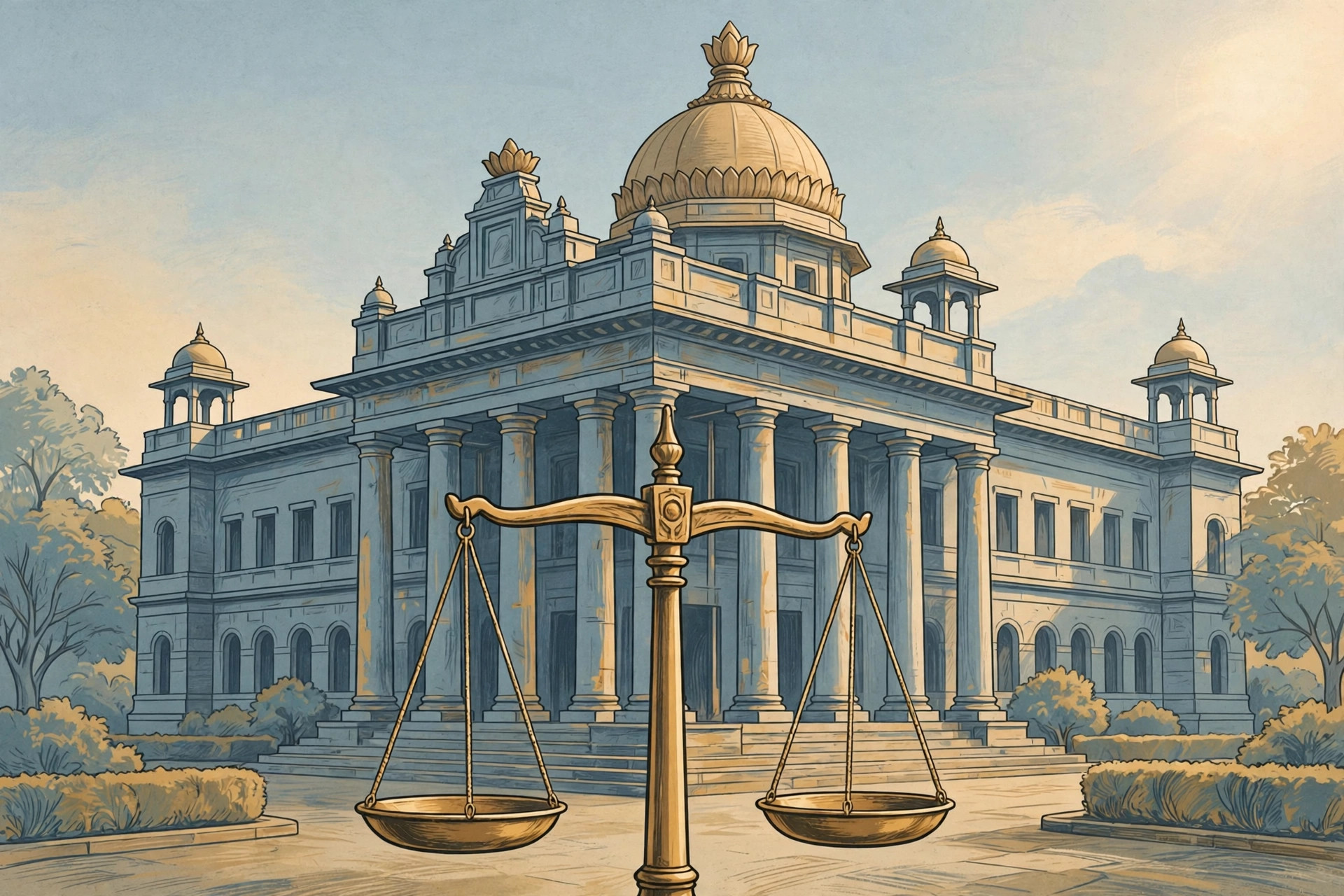 Editorial illustration of a stylised courthouse with columns and a domed roof, with a large golden scales of justice standing in front of it in warm morning light