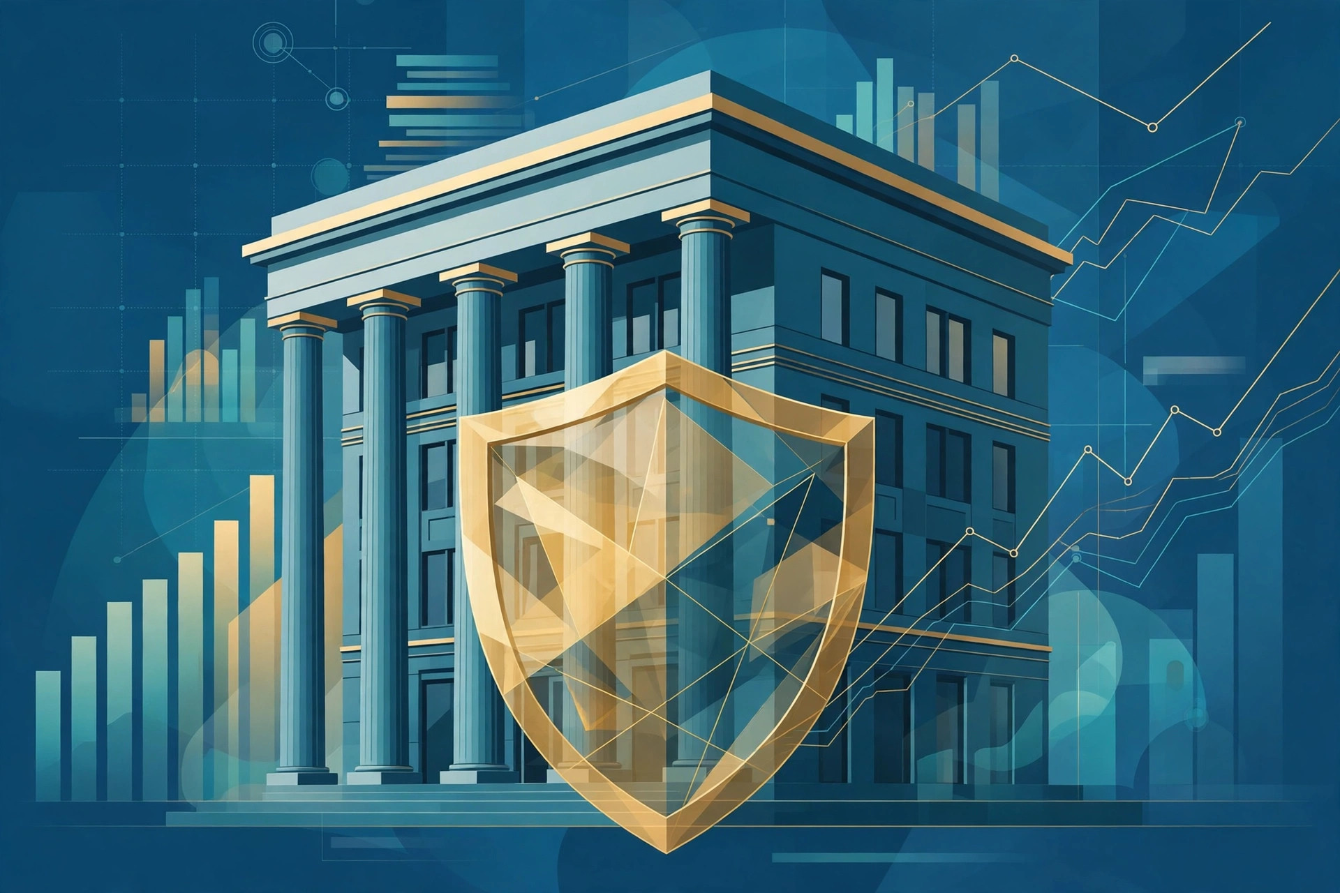 Editorial illustration of a bank building with columns, a large gold shield in front of it, and bar charts and line graphs in the background