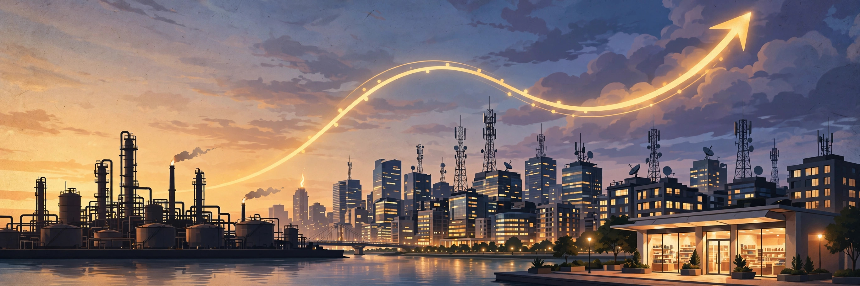 Editorial illustration of a refinery, telecom towers and retail storefront under a rising growth curve for Reliance Q2 FY27 results