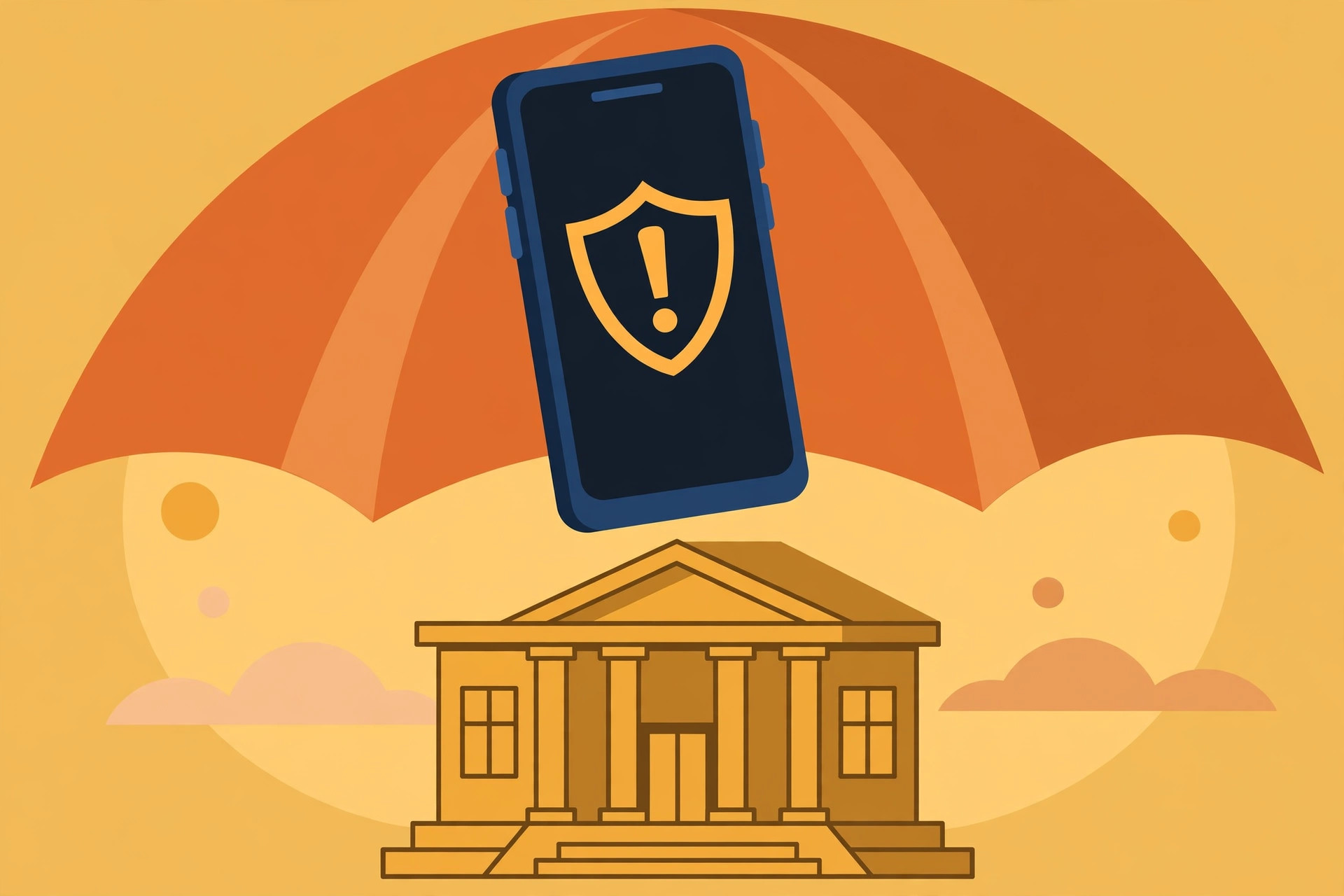 Editorial illustration of a smartphone with a warning shield under a protective umbrella above a bank building