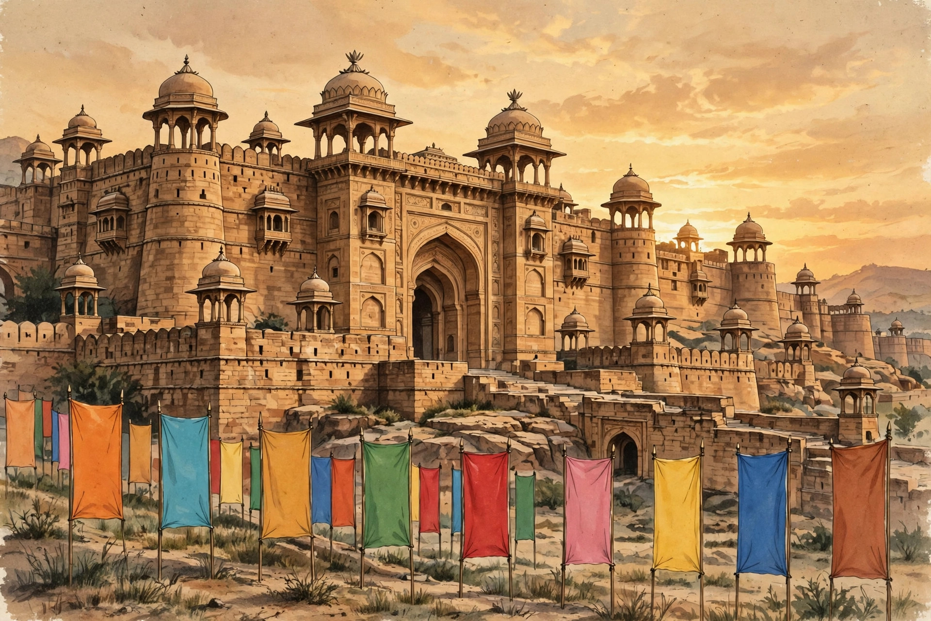 Illustration of a historic Indian sandstone fort at evening light with plain colourful banners in front