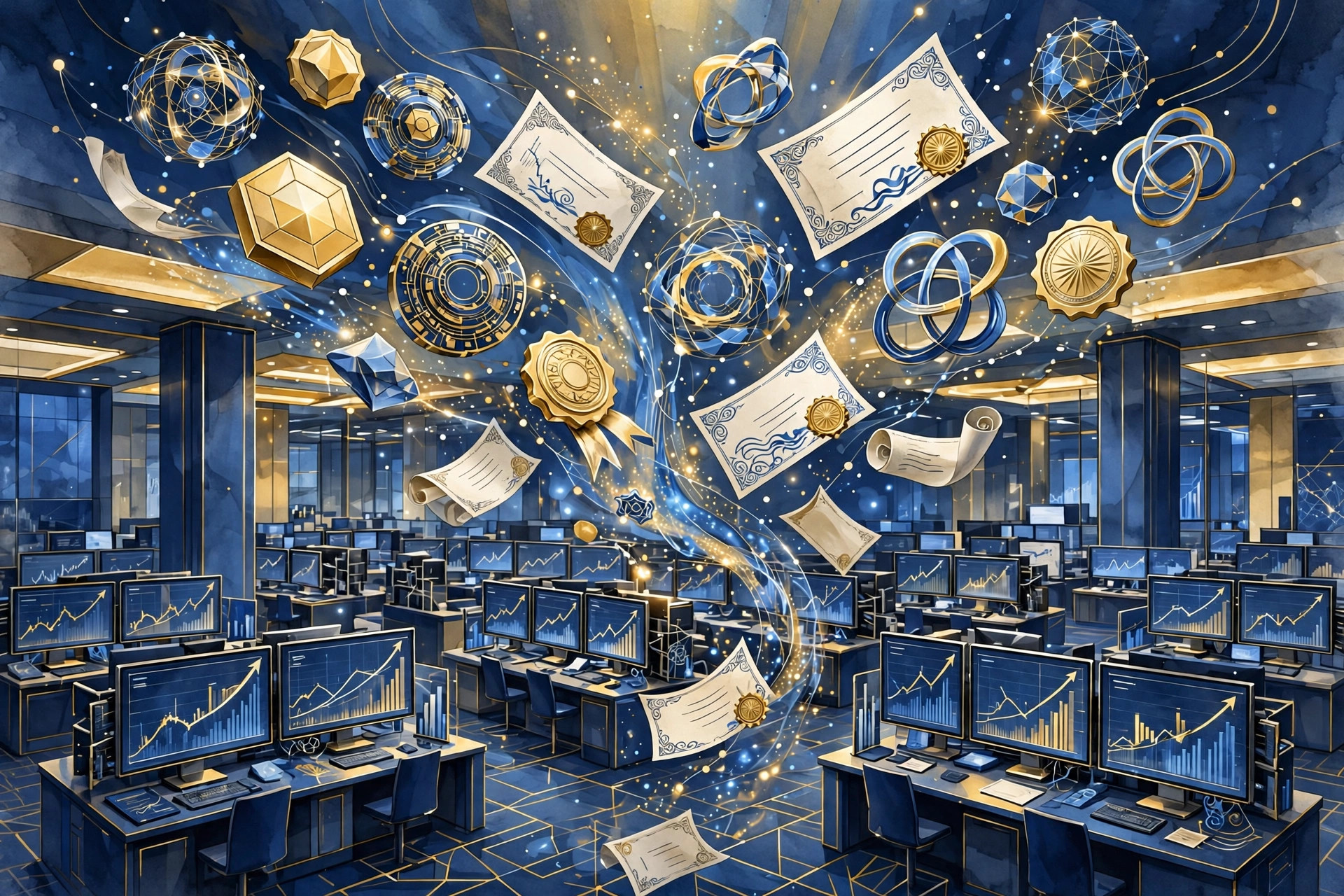 Editorial illustration of digital tokens and bond certificates floating above a stock exchange trading floor with rising charts on screens