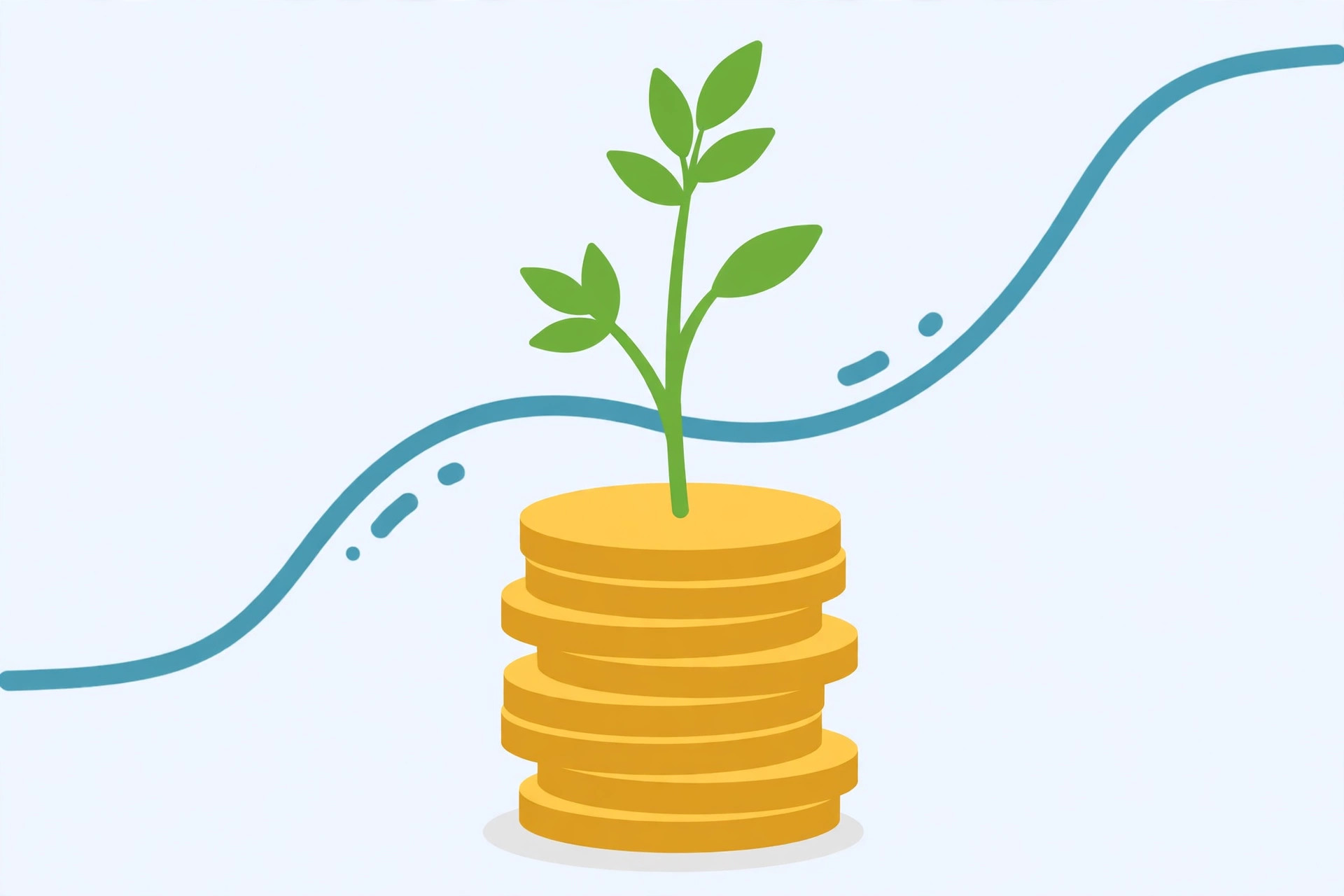 Editorial illustration of a plant growing from coins with a rising chart line, symbolising investment growth