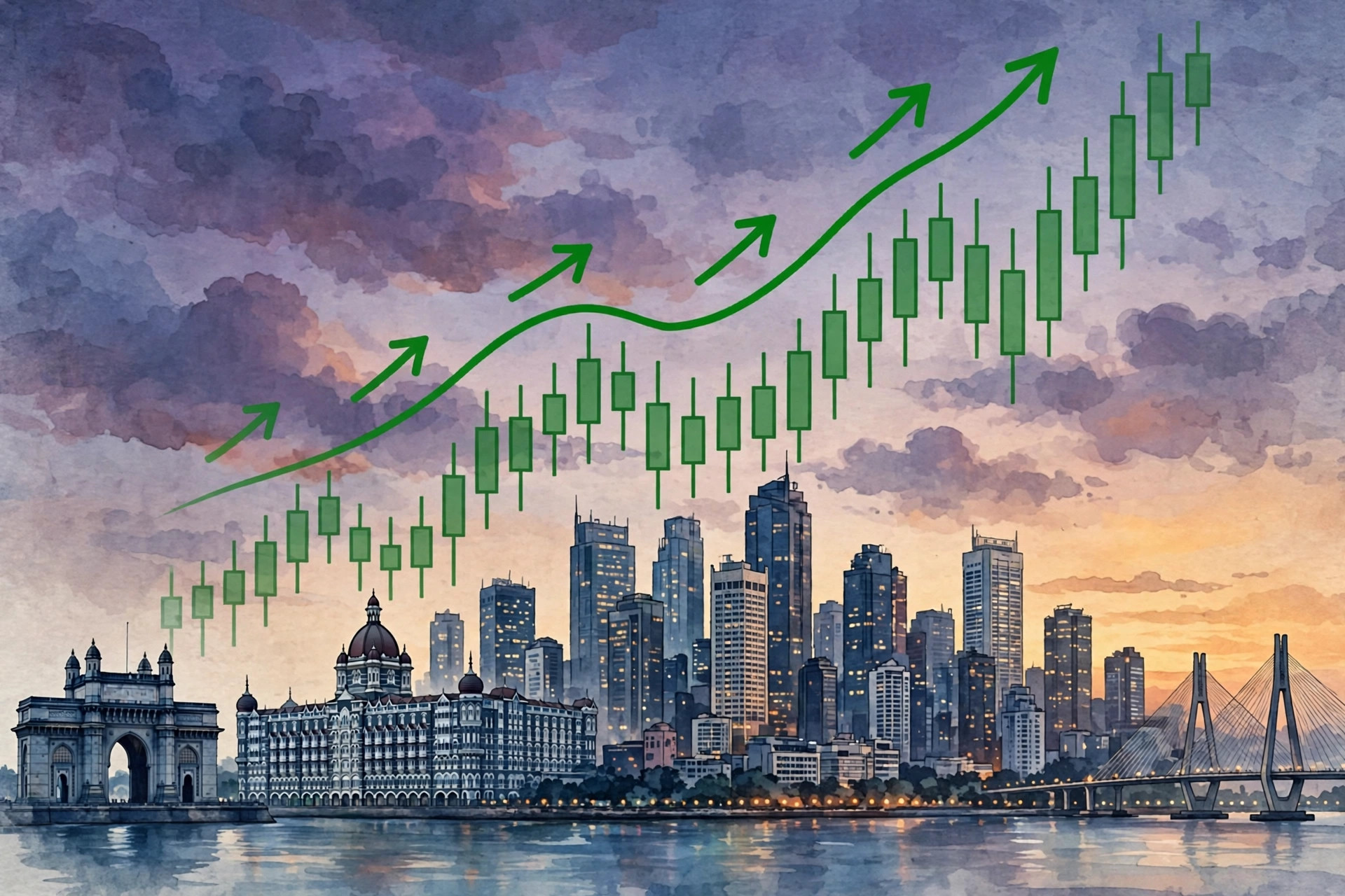Editorial illustration of a rising stock market chart over a Mumbai city skyline