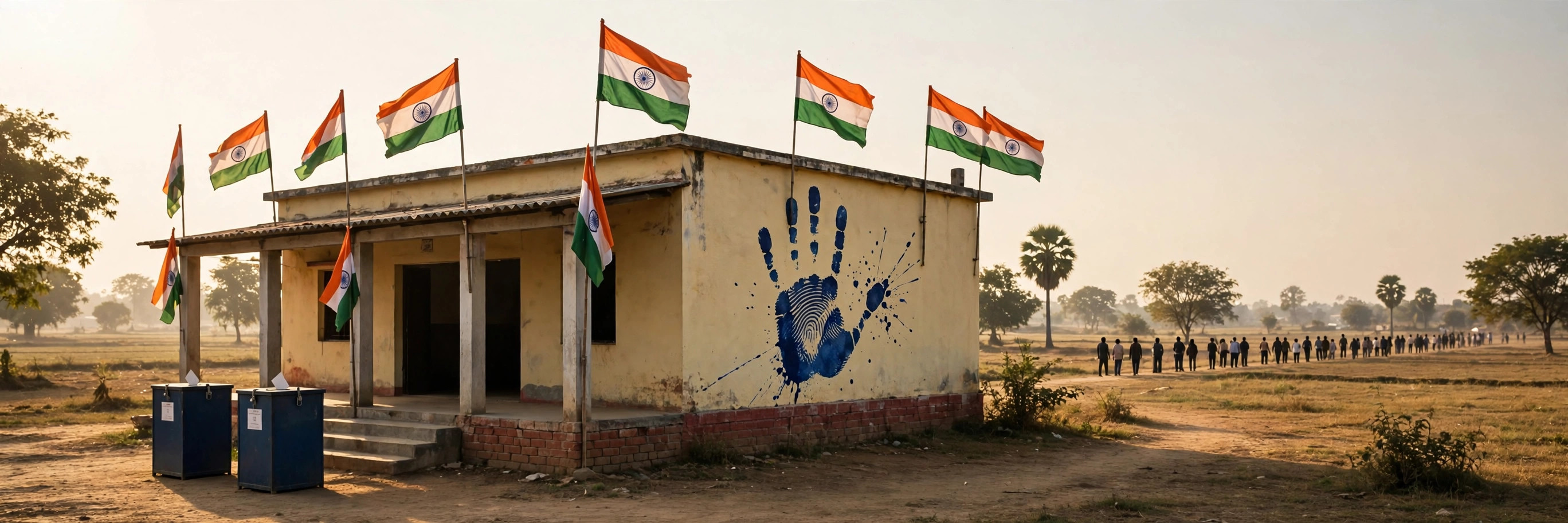 Editorial illustration of a polling station building with Indian flags, ballot boxes outside, and voters queueing in the distance