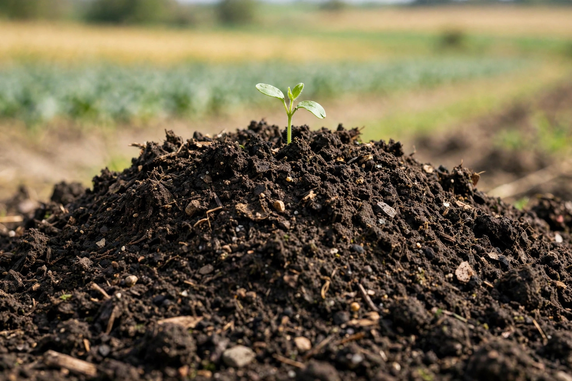 A mound of rich dark soil with a small green seedling sprouting, blurred farm field in the background