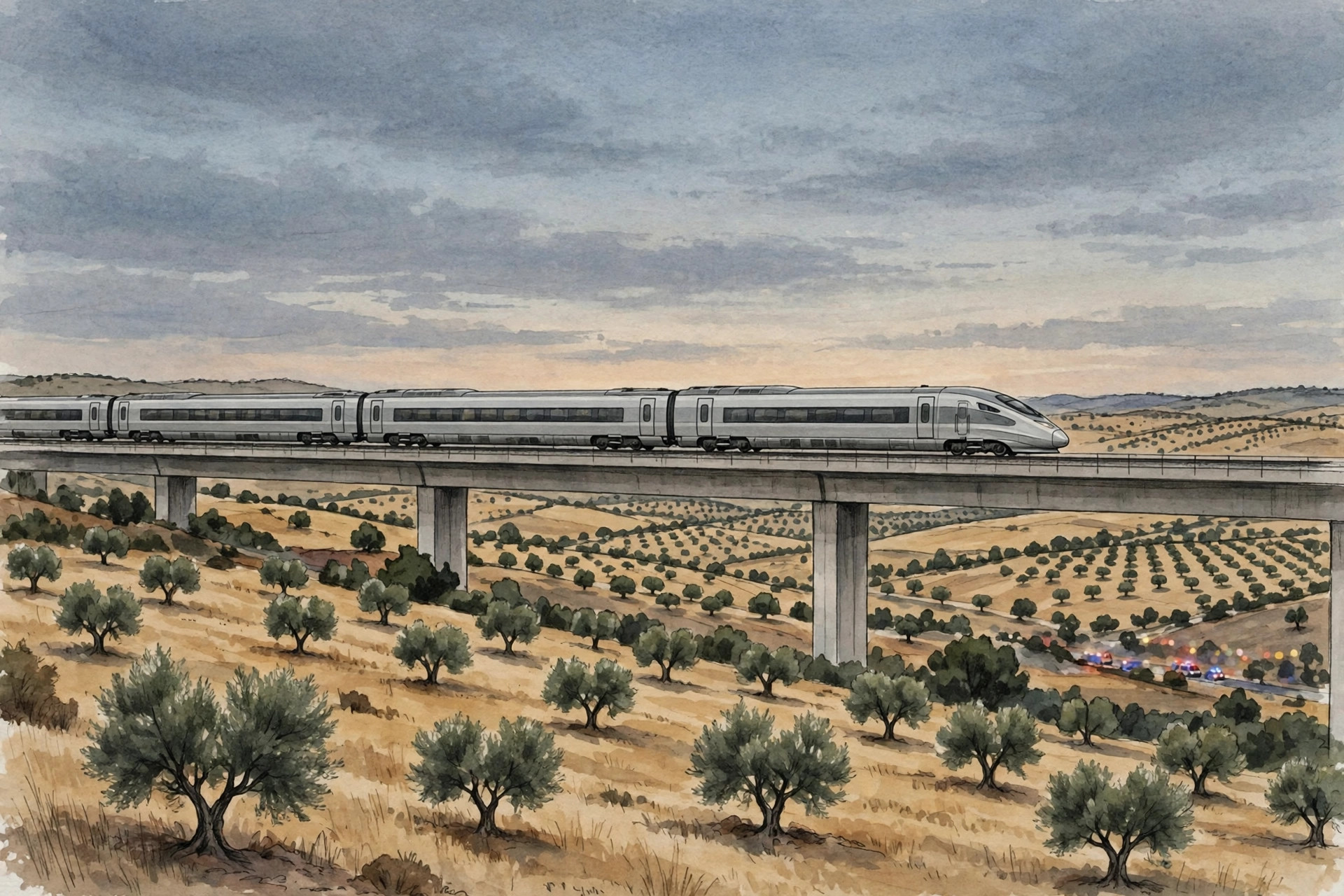 Editorial illustration of a high-speed train on a viaduct over olive groves in central Spain