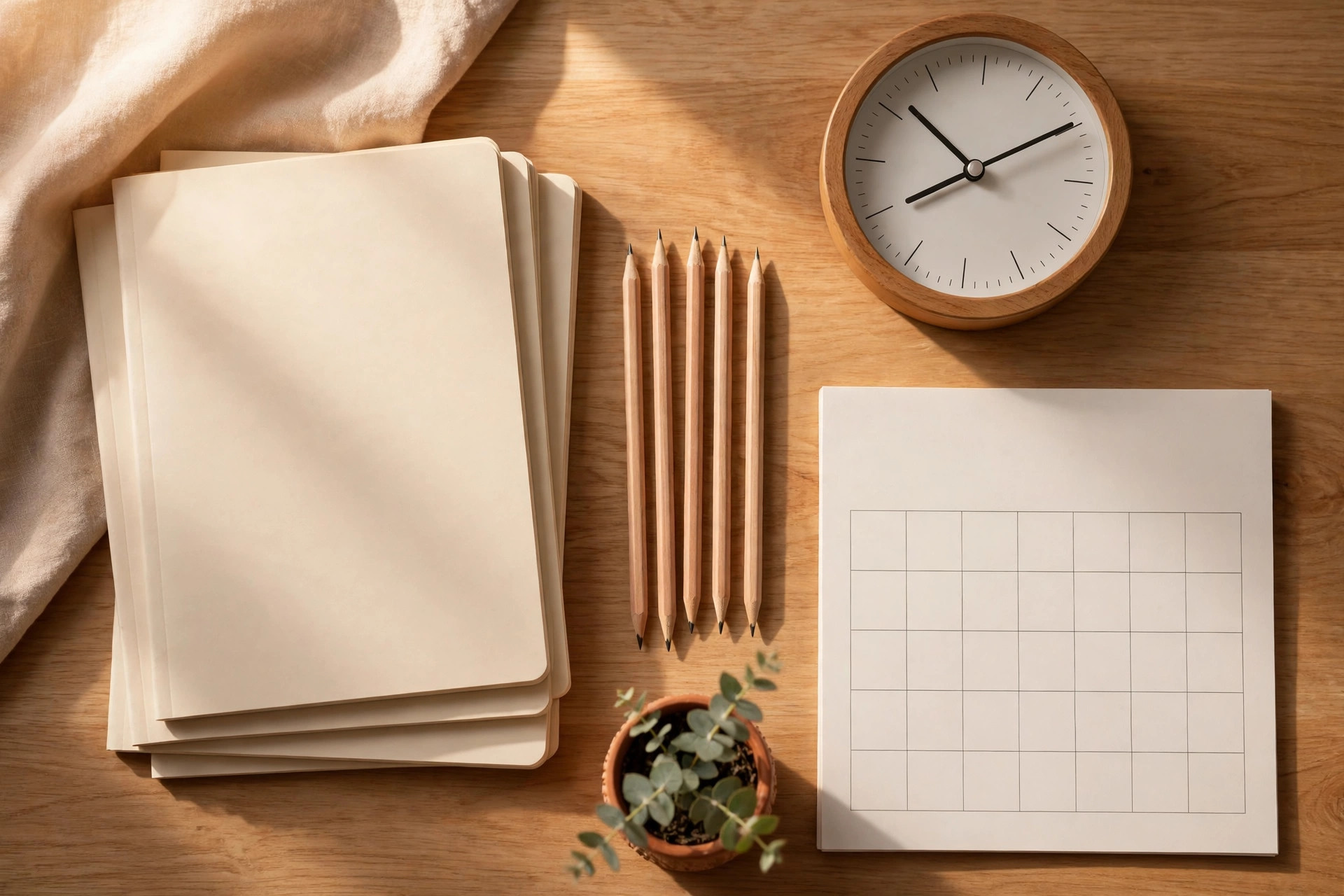 A study desk with open notebooks, a clock and stationery arranged for exam preparation, without showing any person.