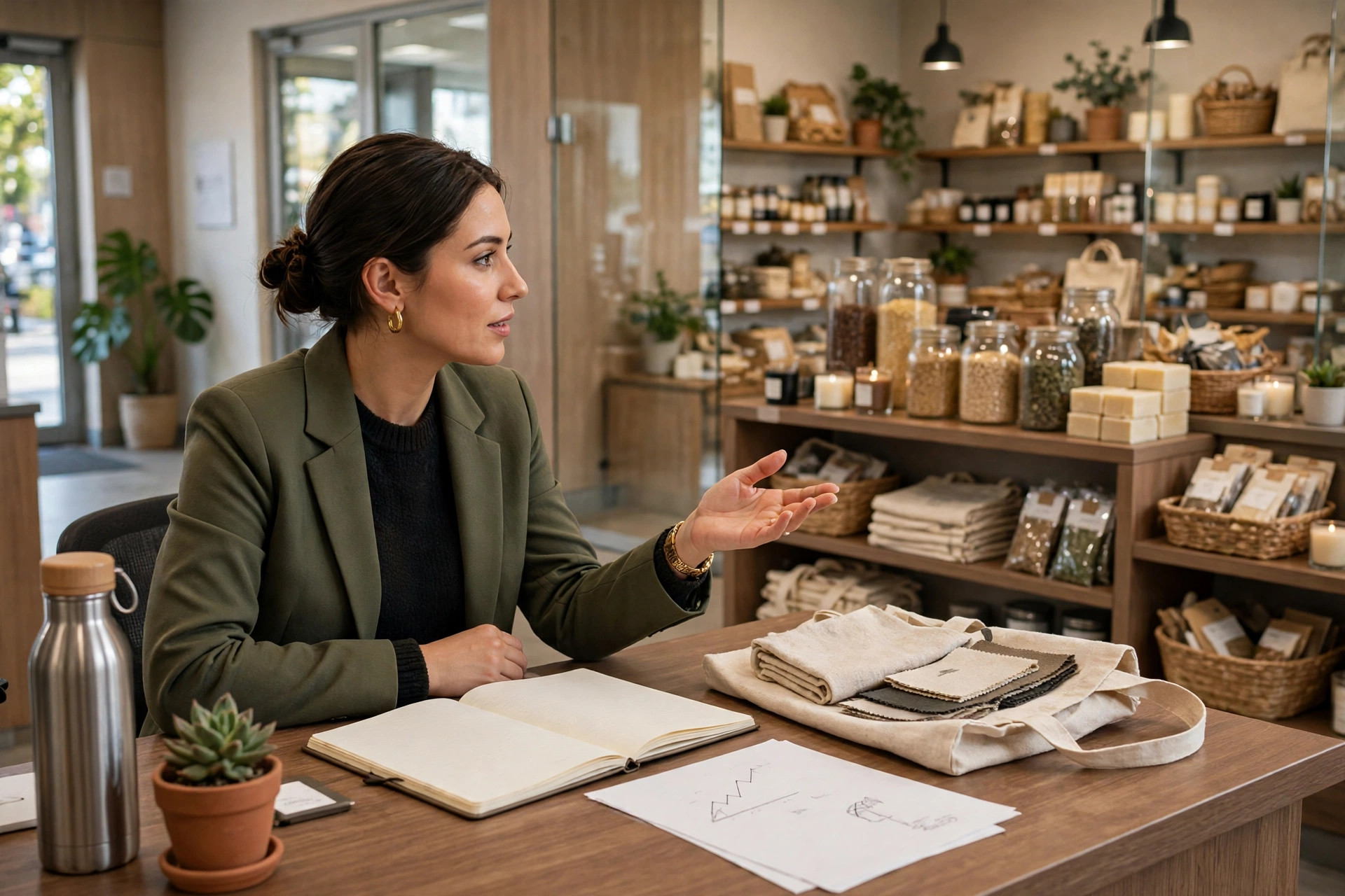 A woman entrepreneur discussing her small business plan at a bank desk