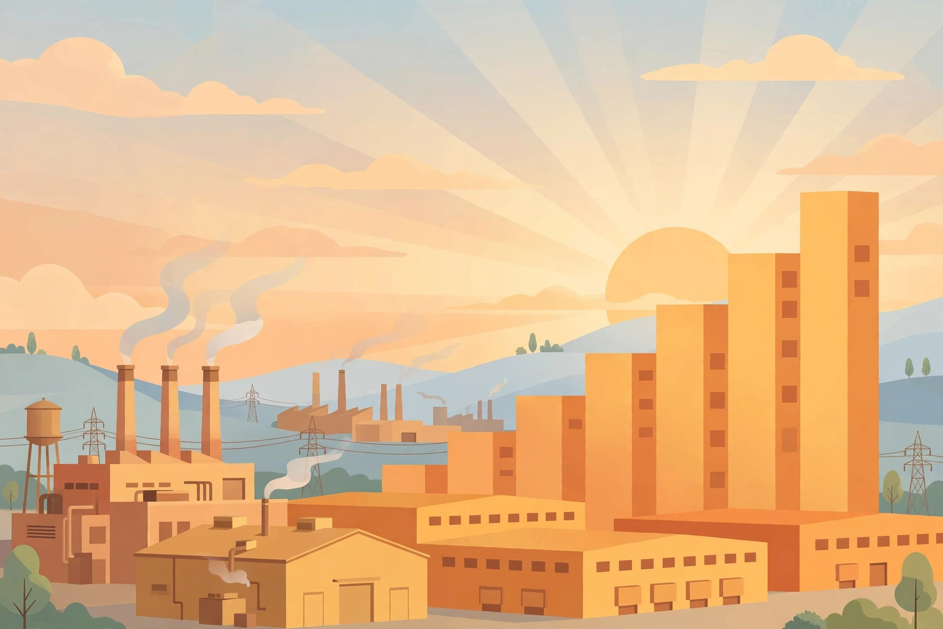 Editorial illustration of factories and rising chart-like buildings at sunrise